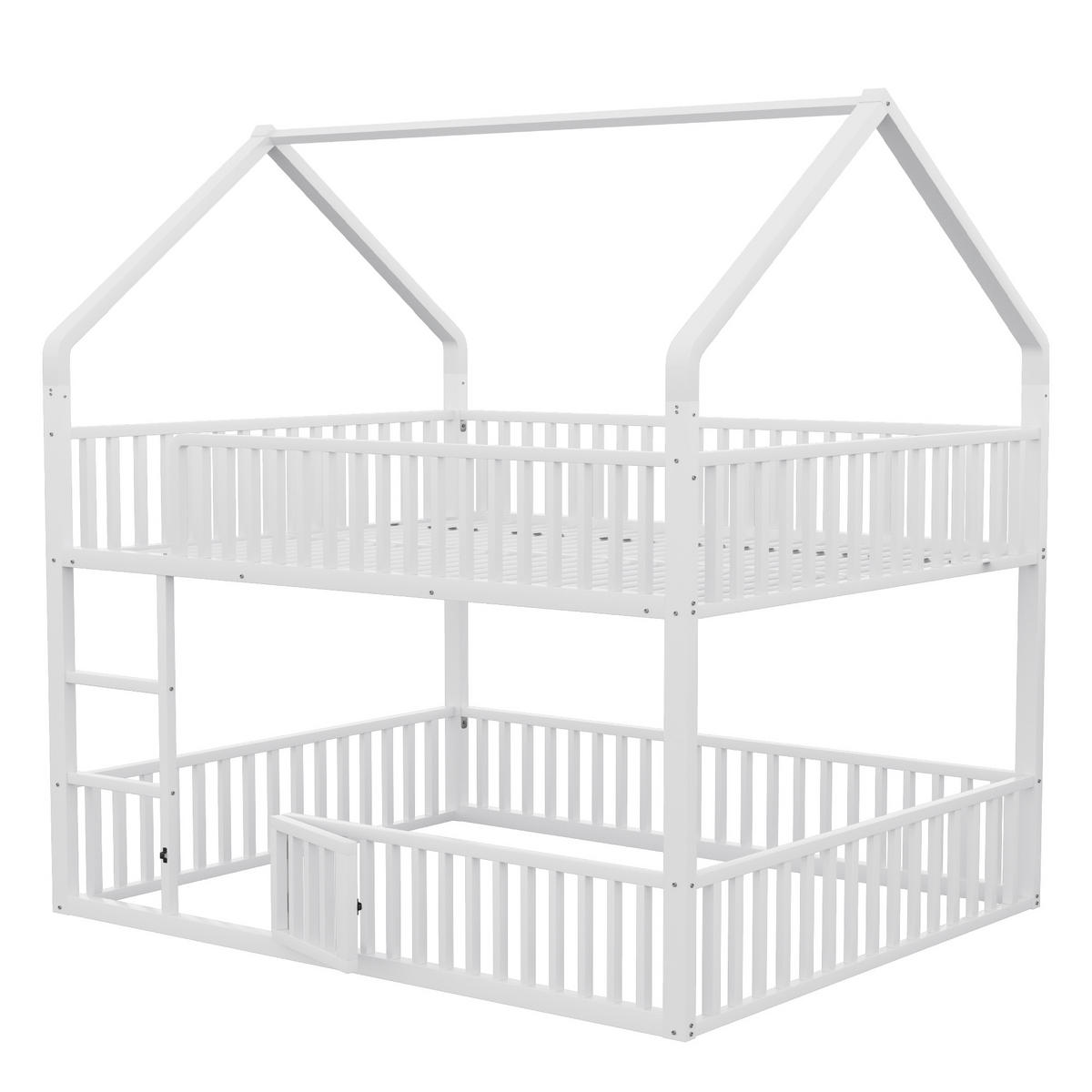 ETAGENBETT 140/200 cm Weiß aus Metall mit Haus-Design und Sicherheitsgeländern - Weiß, Metall (140/200cm) - OKWISH