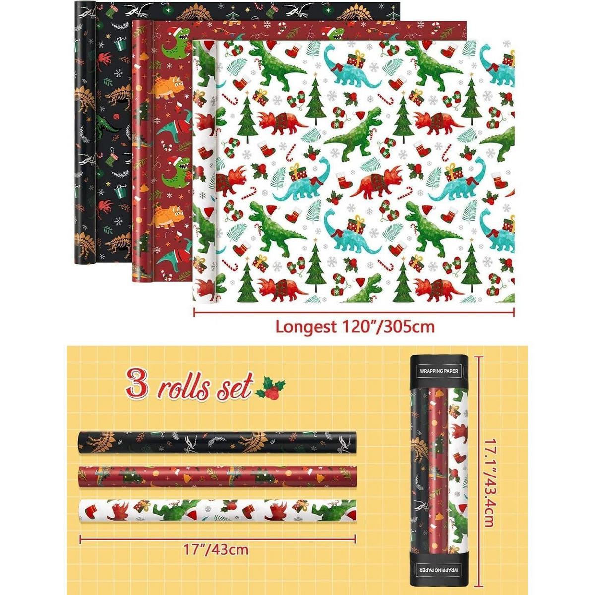 GESCHENKPAPIER 3 Rollen Set Dinosaurier Weihnachten 43 cm x 3 m - Multicolor, Papier (76/3.5/10cm)