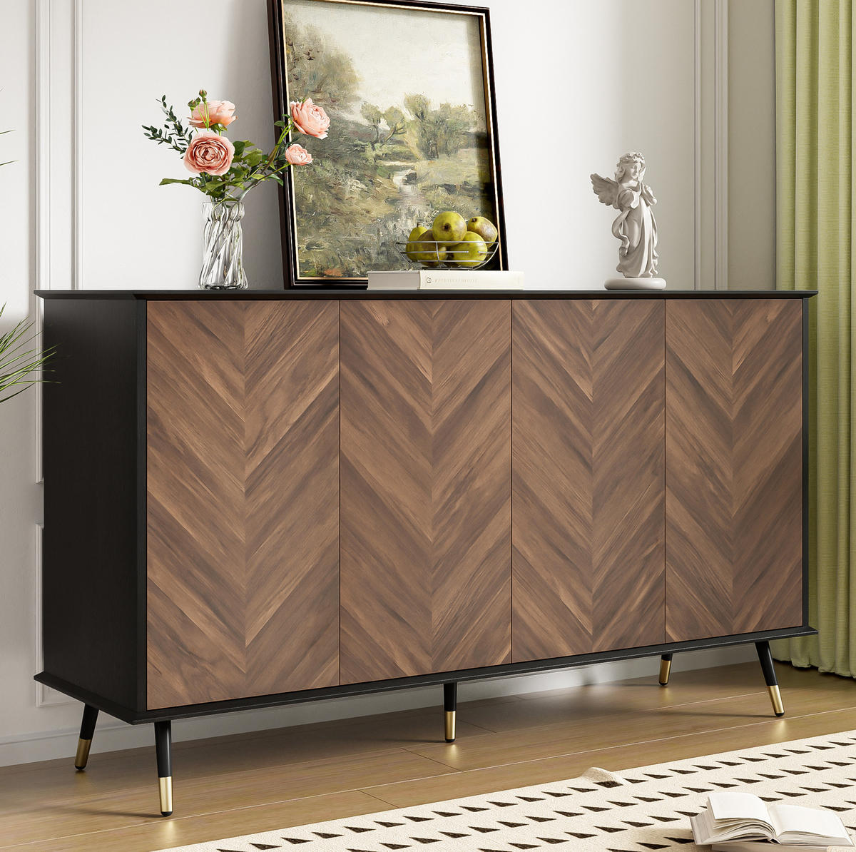 SIDEBOARD 140/40/80 cm in Schwarz/Braun mit 4 Türen und verstellbaren Regalen - Schwarz, Holzwerkstoff (140/80/40cm) - Flora Grace