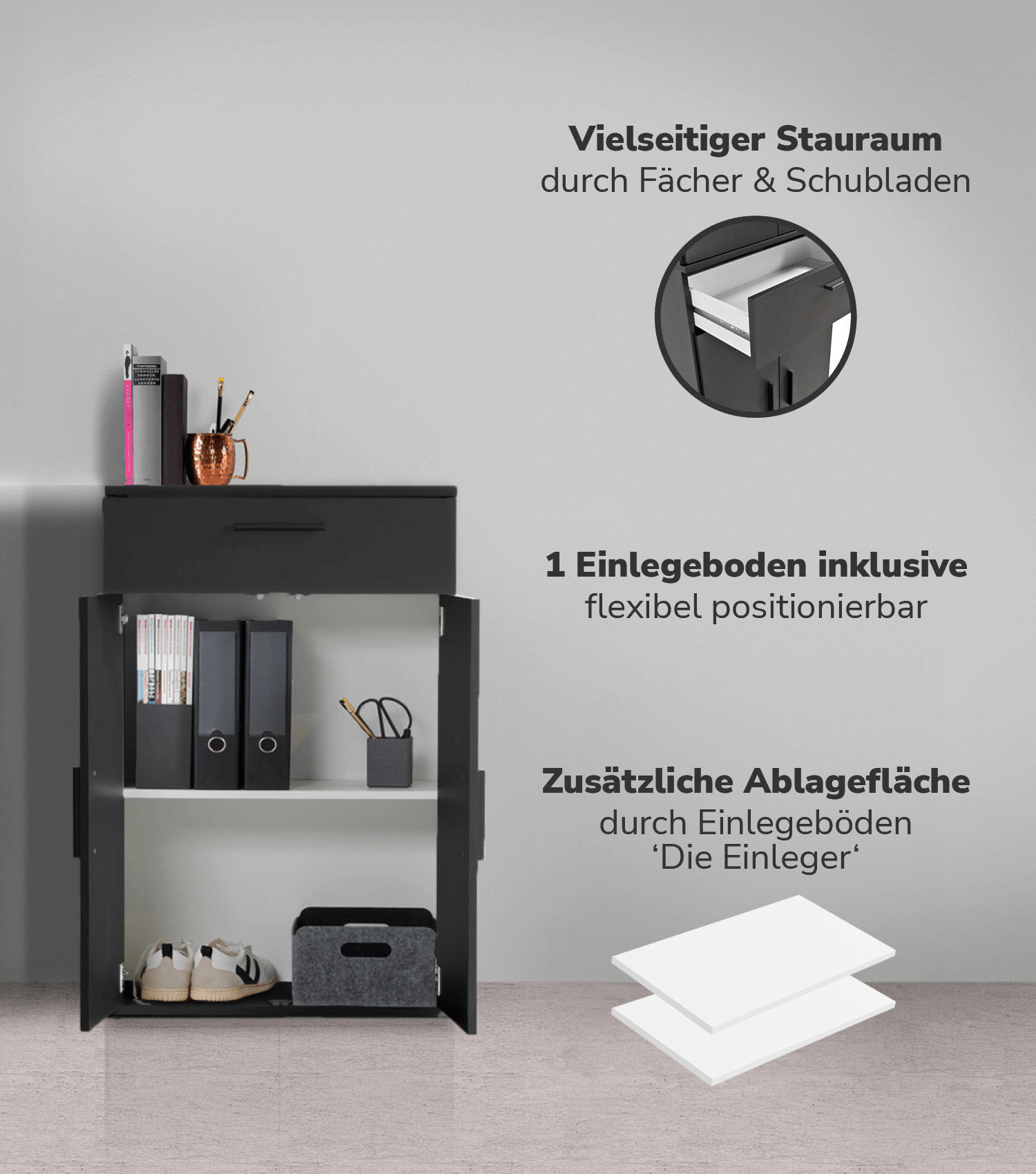 MEHRZWECKSCHRANK Der Praktische - Anthrazit/Schwarz, Holzwerkstoff (60/91/34cm) - Mokebo