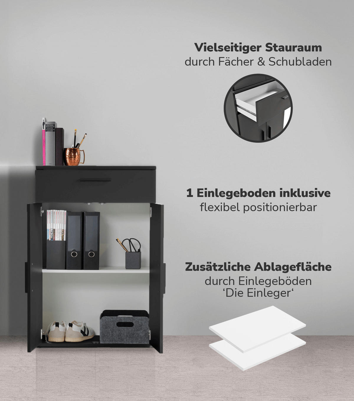 MEHRZWECKSCHRANK Der Praktische - Anthrazit/Schwarz, Holzwerkstoff (60/91/34cm) - Mokebo