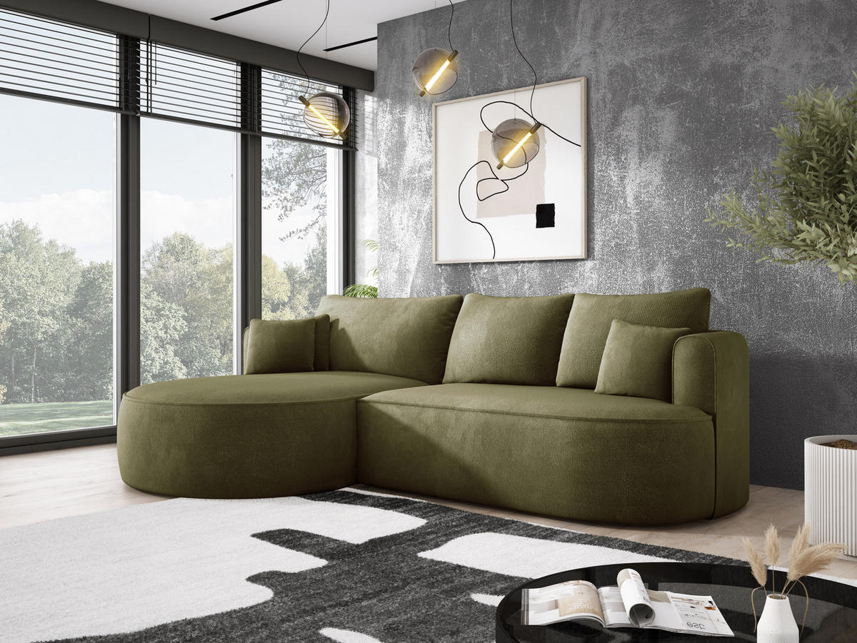 ECKSOFA FIORE-L Moderne Ausziehbare Schlaf-Funktion, automatischer Auffaltung, lose Rückenkissen freistehend LINKS 284x183x82 cm cm Green - Grün, Holz/Textil (183/284cm) - DomoHome