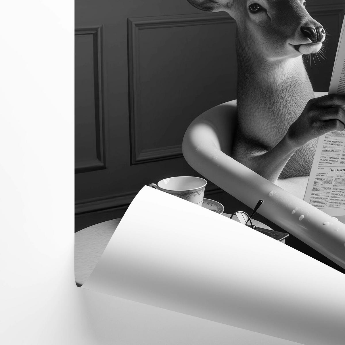 POSTER für Badezimmer WC Rehe HIRSCH in Badewanne Zeitung Abstraktion 30x40cm - Schwarz/Weiß, Papier (30/40/1cm) - Muralo