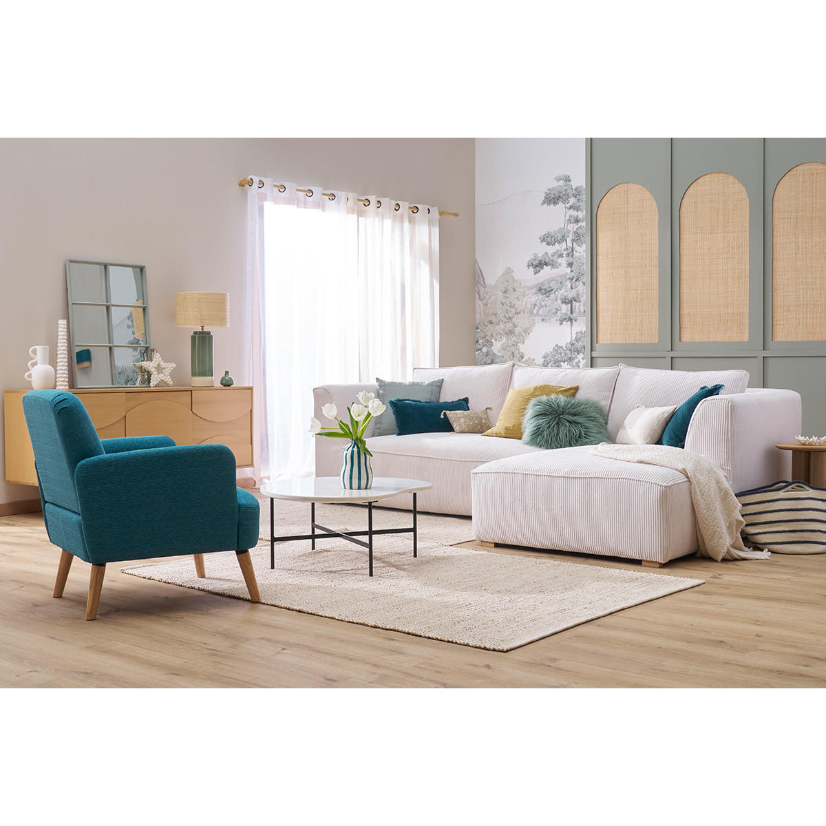 SESSEL skandinavisch Entenblau helles Holz ISKO - Blau, Textil (75.5/82/63cm) - Miliboo