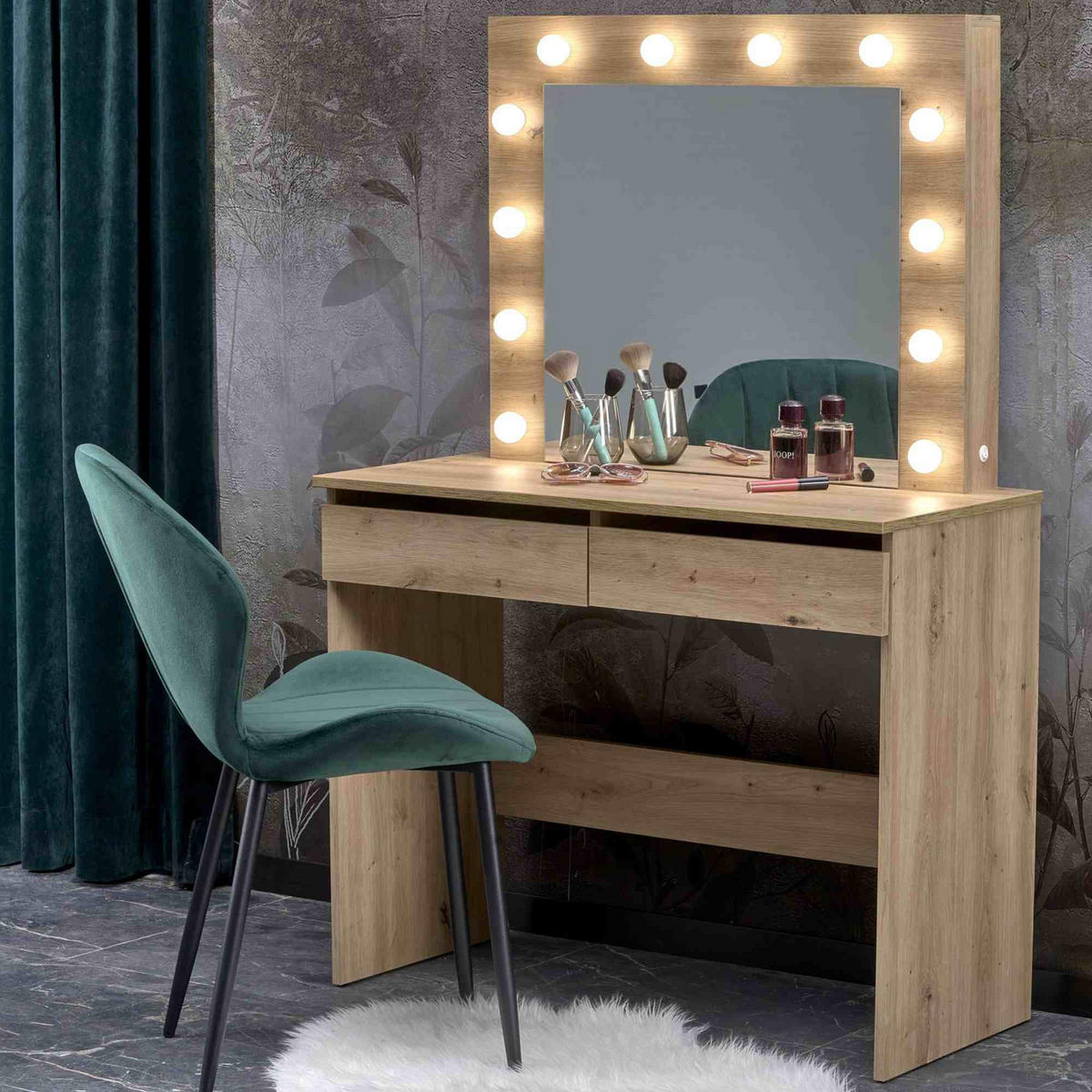 SCHMINKTISCH FABIOSO Eiche, mit Spiegel und Beleuchtung - Eichefarben, Glas/Holz (94/140/43cm) - KONSIMO®