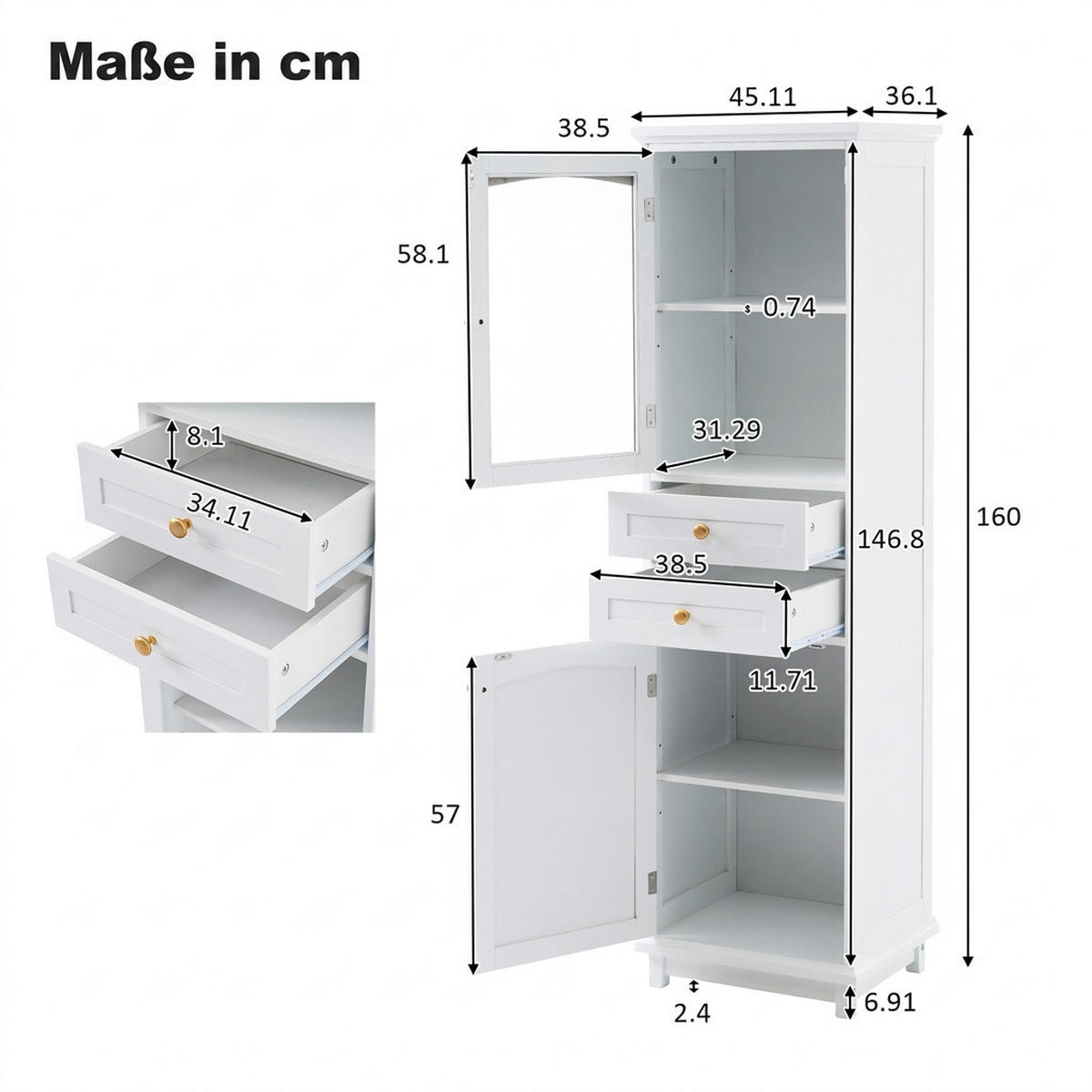 HOCHSCHRANK 45.11/36.1/160 cm Weiß mit 2 Schubladen und 2 Schranktüren - Goldfarben/Weiß, Holz/Holzwerkstoff (36/160/45cm) - Oxeza