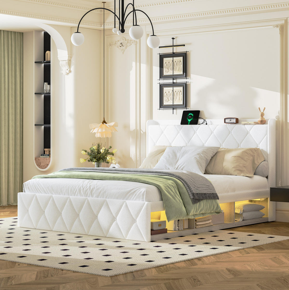 BETT mit USB und LED 160x200 cm Teddy Weiß - Weiß, Holzwerkstoff (160/200cm) - Meubliv