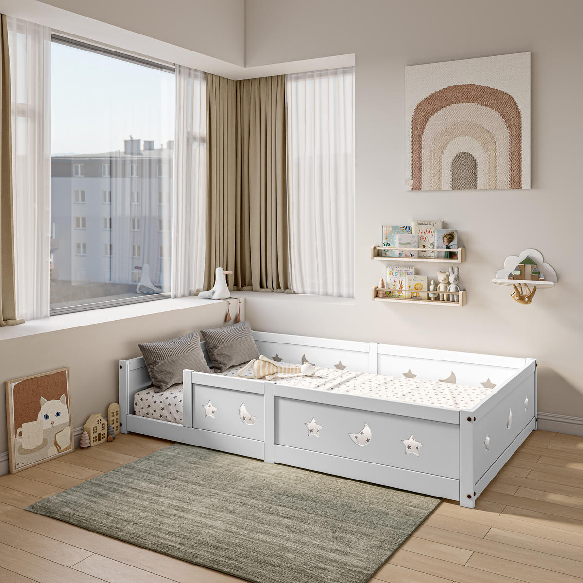 KINDERBETT 120x200 cm Massivholz Lattenrost Stern Mond weiß - Weiß, Holz (120/200cm) - LEBENLANG