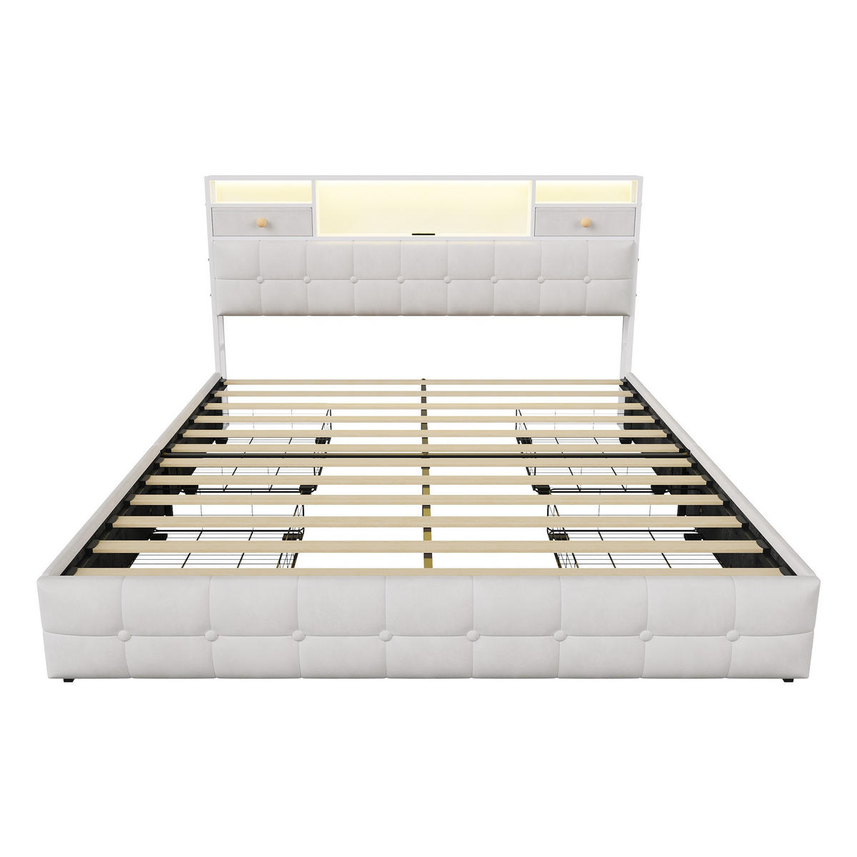STAURAUMBETT 160/200 cm aus Samt, mit 4 seitlichen Schubladen + 2 Kopfteil-Schubladen, LED und USB-Anschluss, Beige - Beige, Holzwerkstoff (140/200cm) - Brevoria