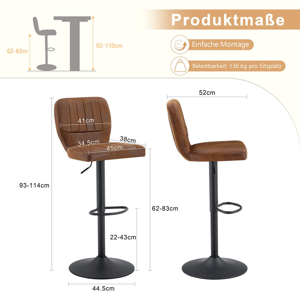 BARSTOL 2-PACK i Vintage-Konstläder i Brunt, höj- och sänkbar samt 360° snurrbar - Brun, Läder (52/62/45cm) - Urban Meuble