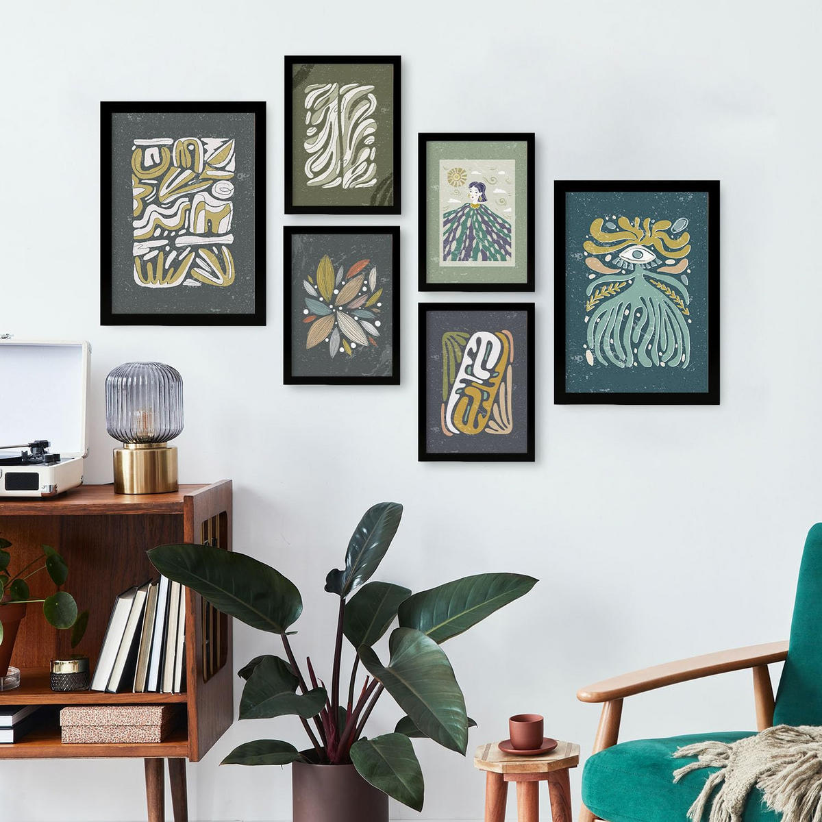 POSTER Set Mit 6 Drucken Mit Kalten Tönen In Der Sammlung Ethnischer Style Drucke Dekorative Für Zuhause Wandkunstdruck A3 & A4 Schwarzer Rahmen - Schwarz, Papier (29/3cm) - Nacnic