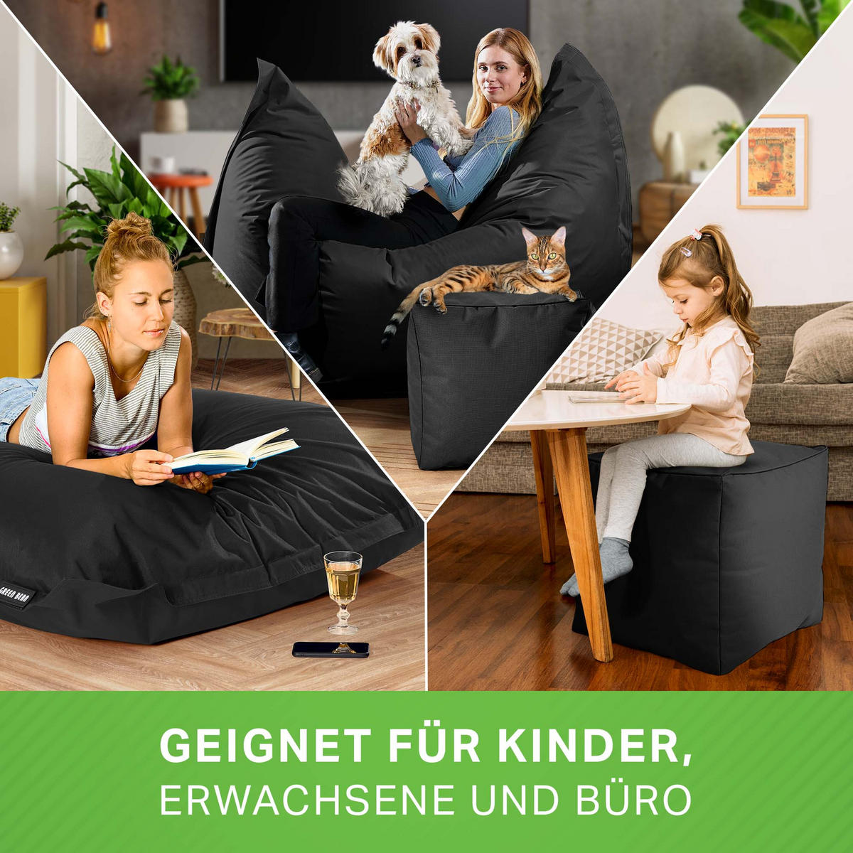 XXL-SITZSACK + Pouf 2er Set - 140x180cm - Schwarz, Textil (140/25/180cm) - Green Bean