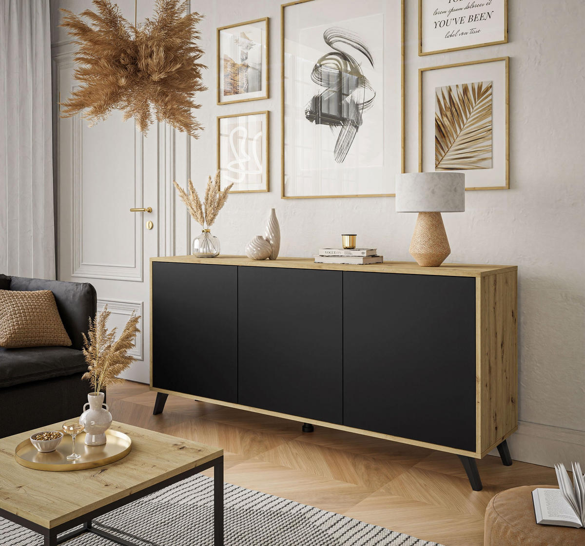 KOMMODE SANAYI III Eiche Artisan/Mattschwarz - Schwarz, Holzwerkstoff (154/72/40cm) - Lookway