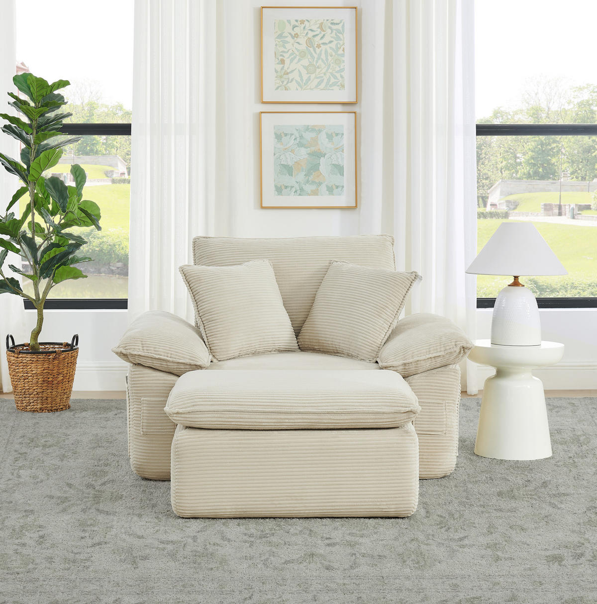 SESSEL aus Stoff Beige ohne Montage mit Fußstütze, Seitentaschen und modularer Kombination - Beige, Textil (156/65/125cm) - Modfu