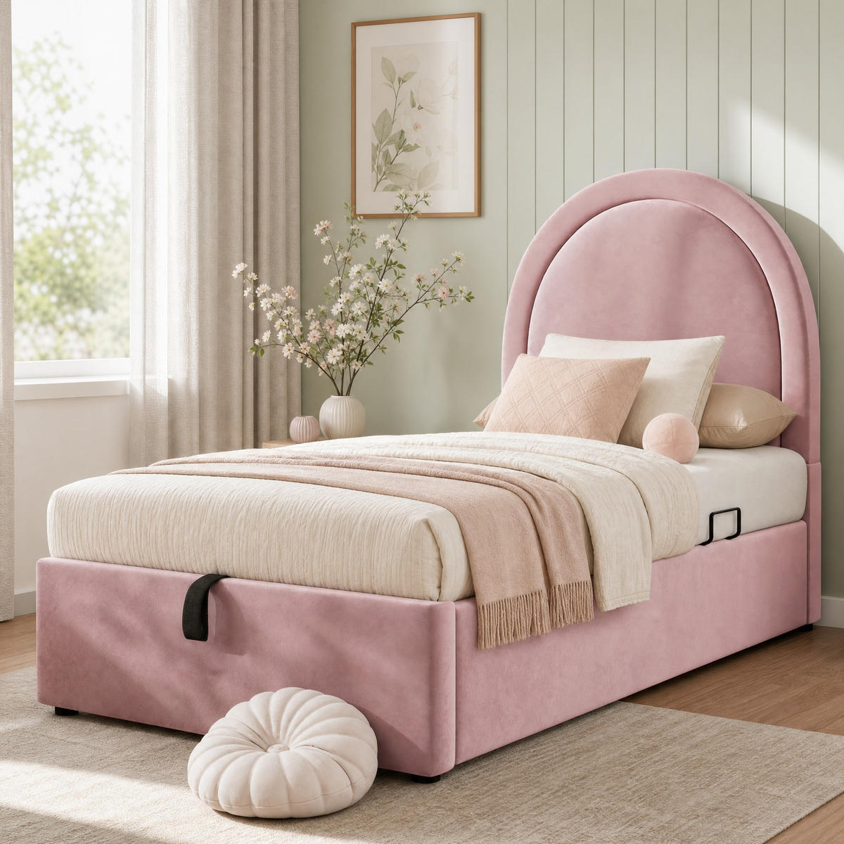 POLSTERBETT 90/190 mit Bettkasten und hydraulischem Lattenrost in Rosa - Rosa, Holzwerkstoff/Textil (90/190cm) - EVRYAE