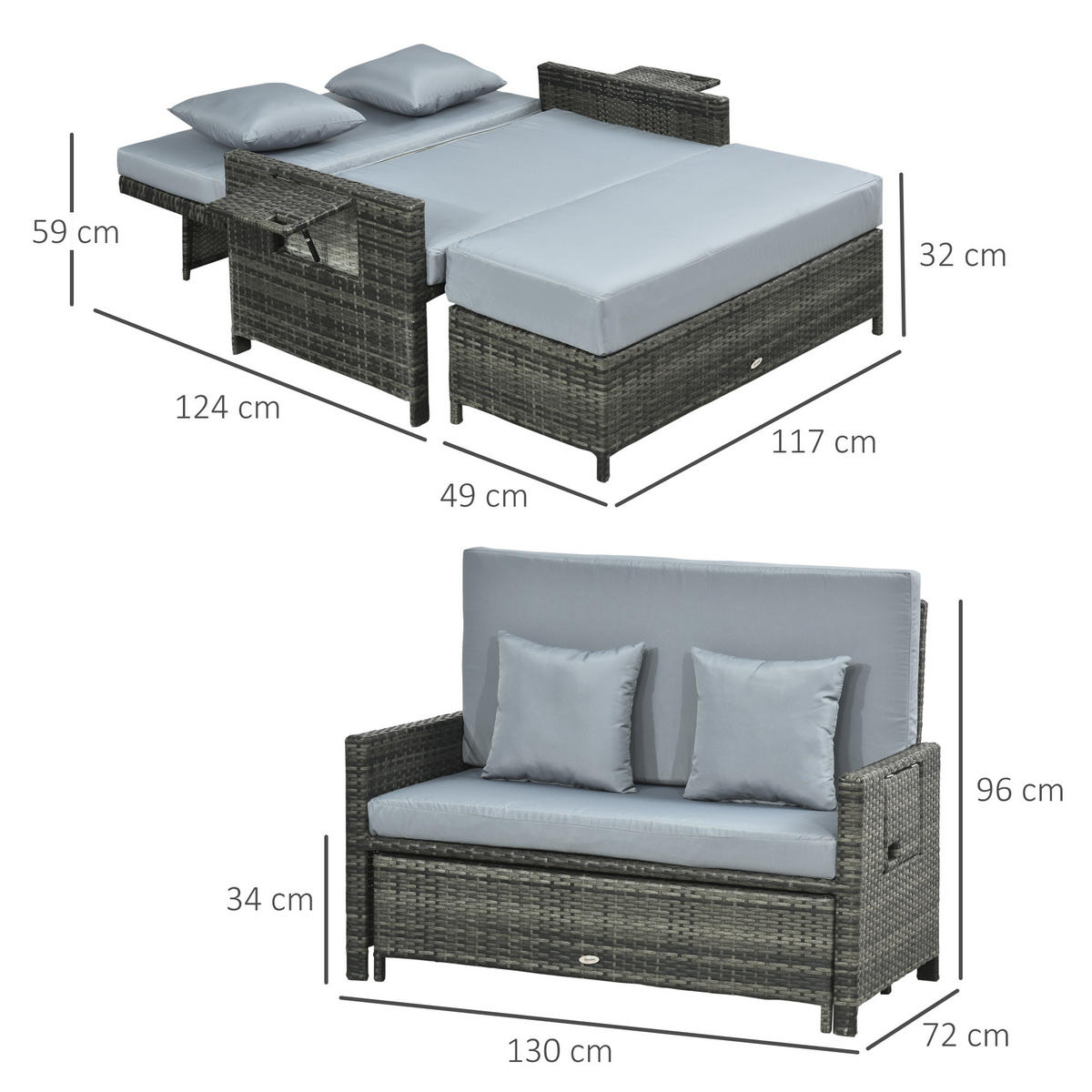 GARTENMÖBEL Set, PE Polyrattan, Grau - Grau, Kunststoff - Outsunny