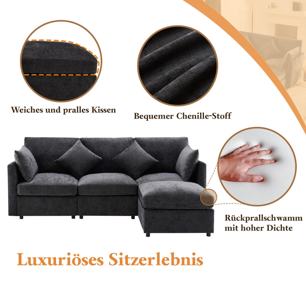 ECKSOFA Chenille mit Hocker 216/161/81 cm Grau abziehbare Sitzkissen - Grau, Textil (161/216cm) - Redom