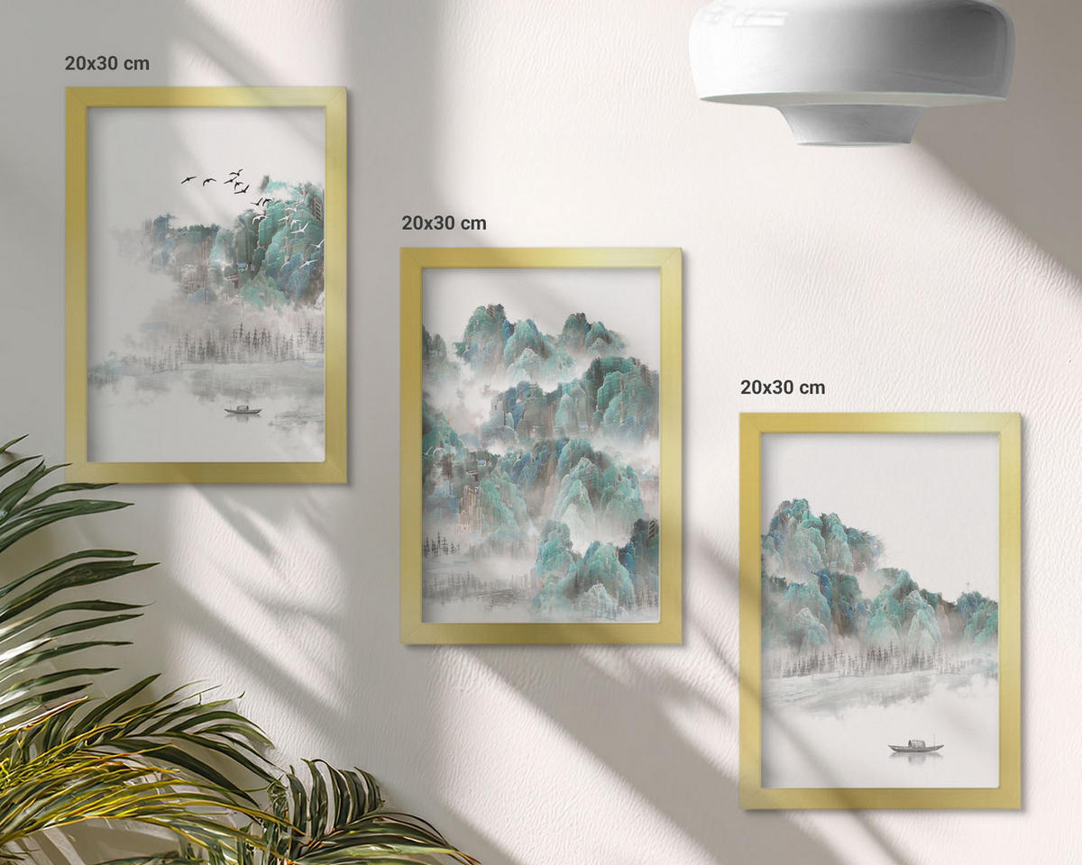 BILDER SET 3er Set - 20x30 cm Goldrahmen - Berge, Wolken, Vögel, Boot, Japandi - Goldfarben, Kunststoff (20/30cm) - TULUP