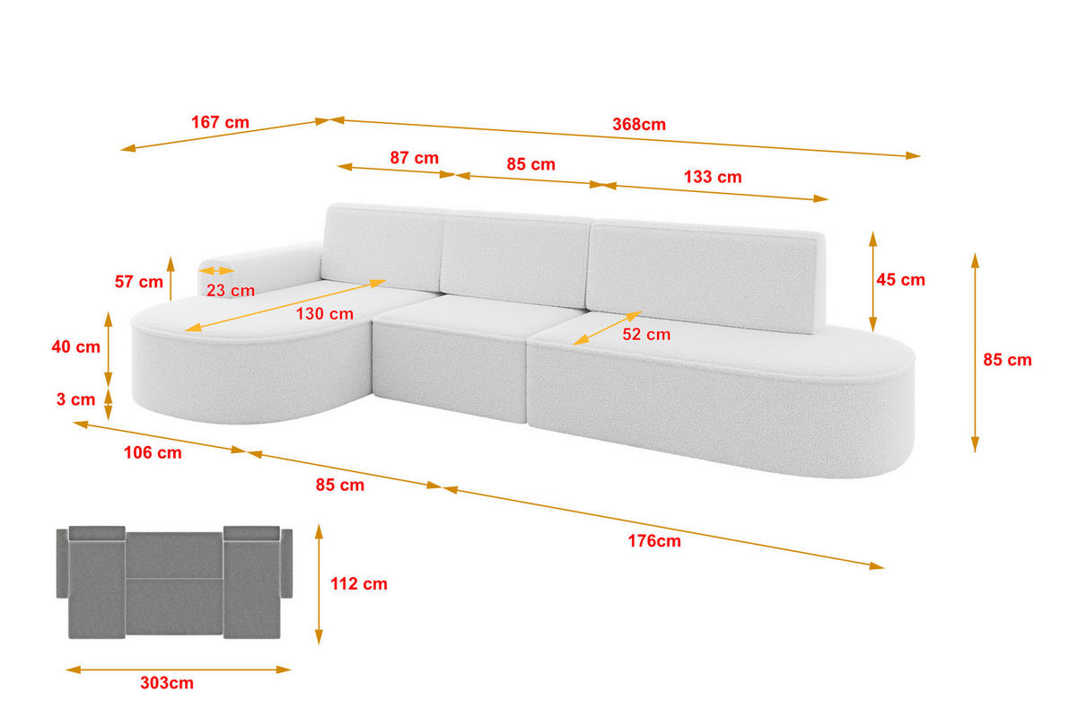 ECKSOFA mit Schlaffunktion Ottomane Links MARI L2-S 368X167X85 Weiß Bouclé - Schwarz/Weiß, Holzwerkstoff/Kunststoff (368/167cm) - ALTDECOR