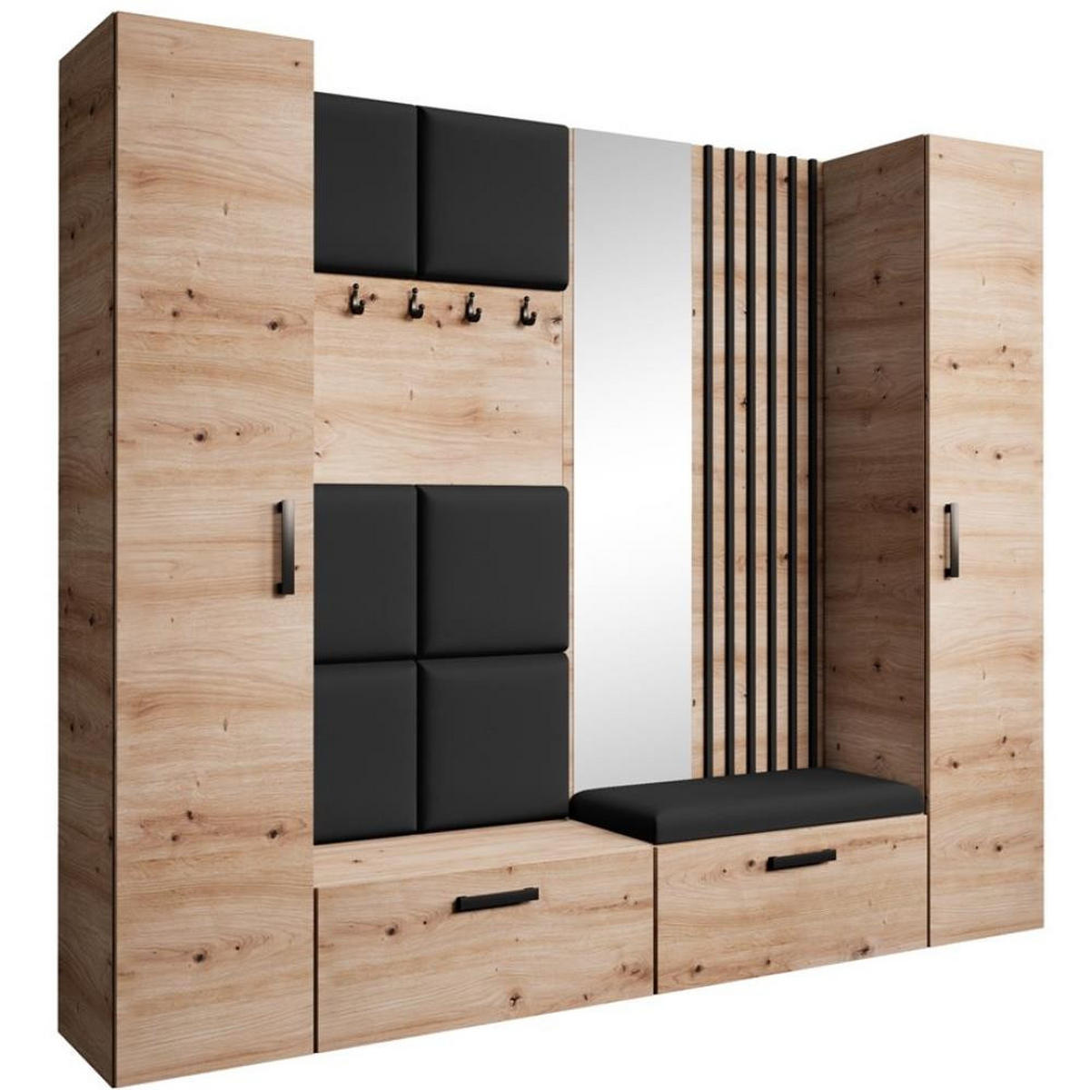 GARDEROBE Margaret XL 242/203/43 mit gepolsterten Paneelen/Lamellen/Spiegel - Schwarz/Eiche Artisan, Holzwerkstoff/Kunststoff (242/203/43cm) - Beautysofa