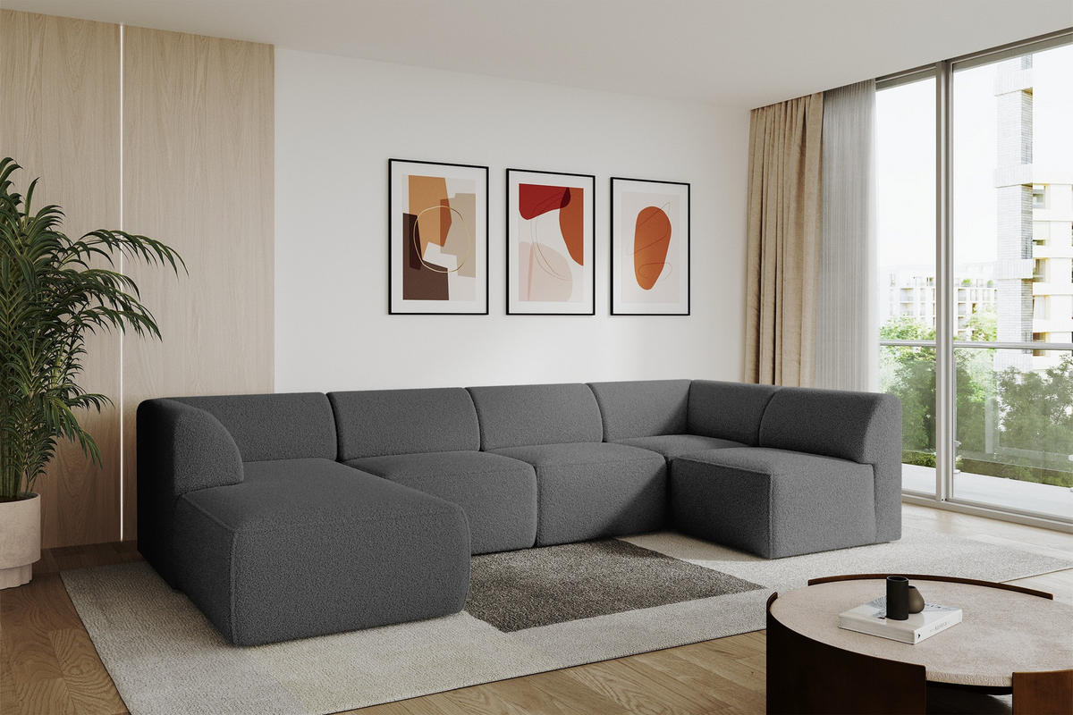 WOHNLANDSCHAFT Ottomane Links MOVA 345x180x78 Grau Bouclé - Schieferfarben/Schwarz, Holzwerkstoff/Kunststoff (180/78/345cm) - ALTDECOR