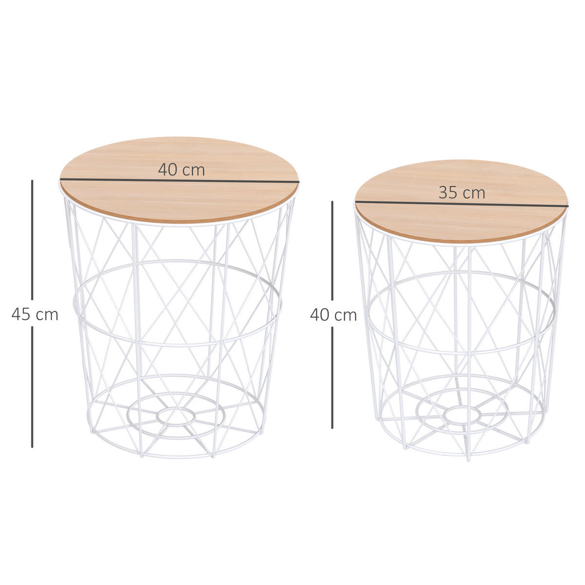BEISTELLTISCH-SET, MDF Metall Weiß+Natur - Weiß, Kunststoff (40/40/45cm) - HOMCOM