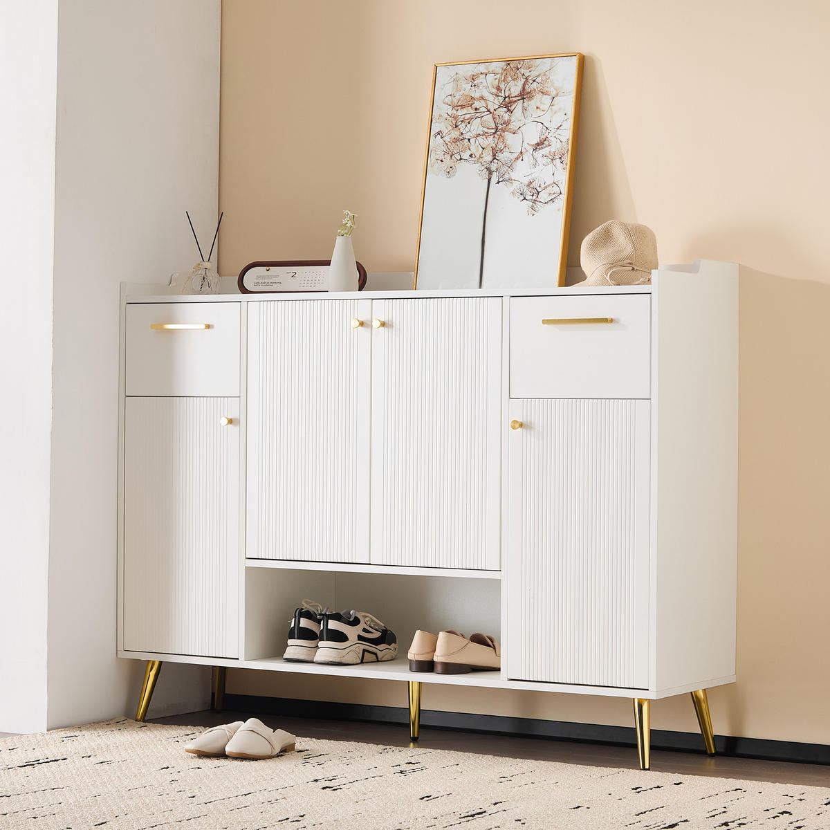SCHUHSCHRANK mit 4 Türen Weiß 130x37x100cm - Weiß, Holzwerkstoff (37/100/130cm) - FLIEKS
