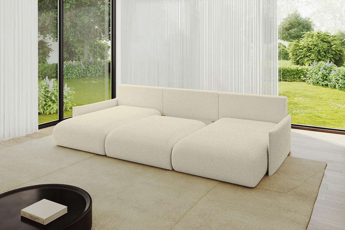 WOHNLANDSCHAFT mit Schlaffunktion und Bettkasten ONESK-U-v1 304x165x40 Beige Bouclé - Beige, Holzwerkstoff/Kunststoff (304/90/165cm) - ALTDECOR