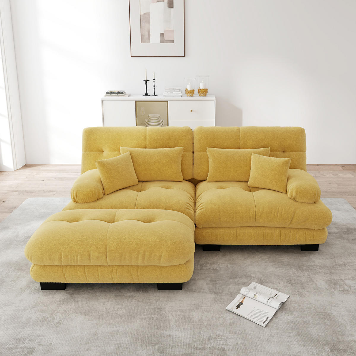 ECKSOFA Chenille Gelb mit Kissen und Ottomane - Gelb, Textil (220/145cm) - WISHDOR