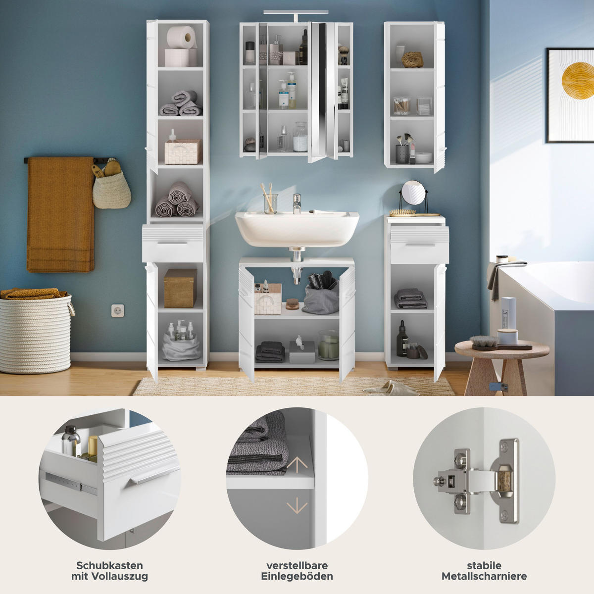 BADMÖBEL Set Linus 5tlg. Bad Kombination inkl. Beleuchtung (B/H/T: 151x182x34 cm) - Weiß, Holz (151/182/34cm)
