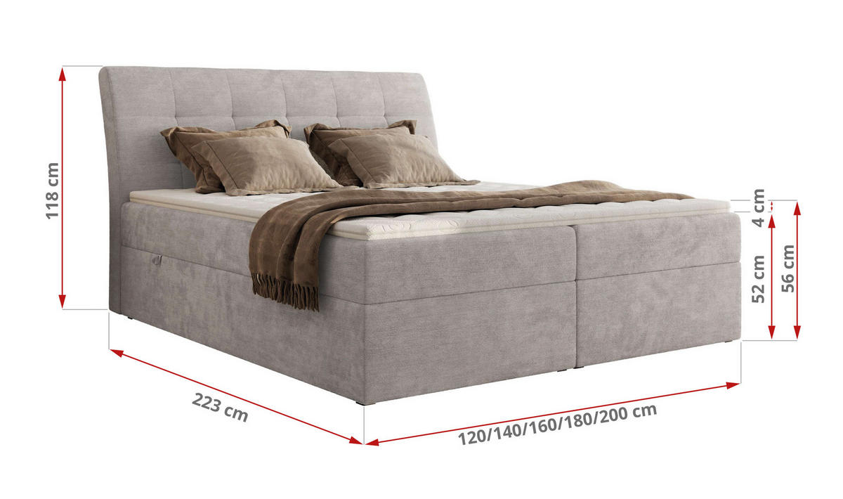 BOXBETT DAGOS 120/200 - Hellgrau Schenille glatt - H4 - Topper T25 - Hellgrau, Textil (120/200cm) - MKS