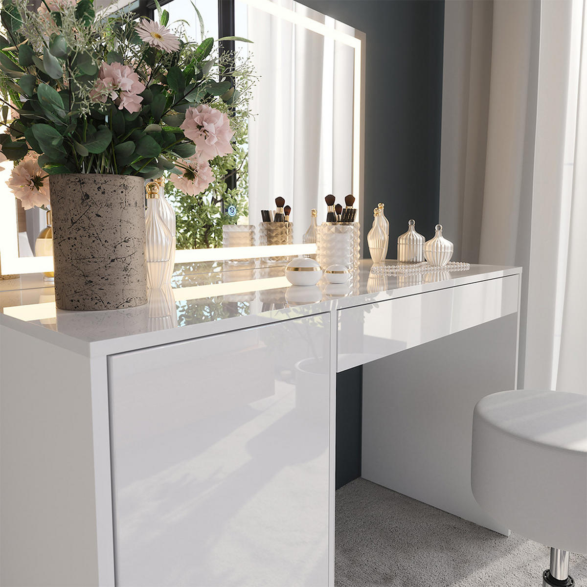 SCHMINKTISCH Sherry Weiß/Weiß Hochglanz 119.8 cm mit LED-Spiegel und Hocker - Weiß Hochglanz, Holzwerkstoff (119.8/76/50.1cm) - Vicco