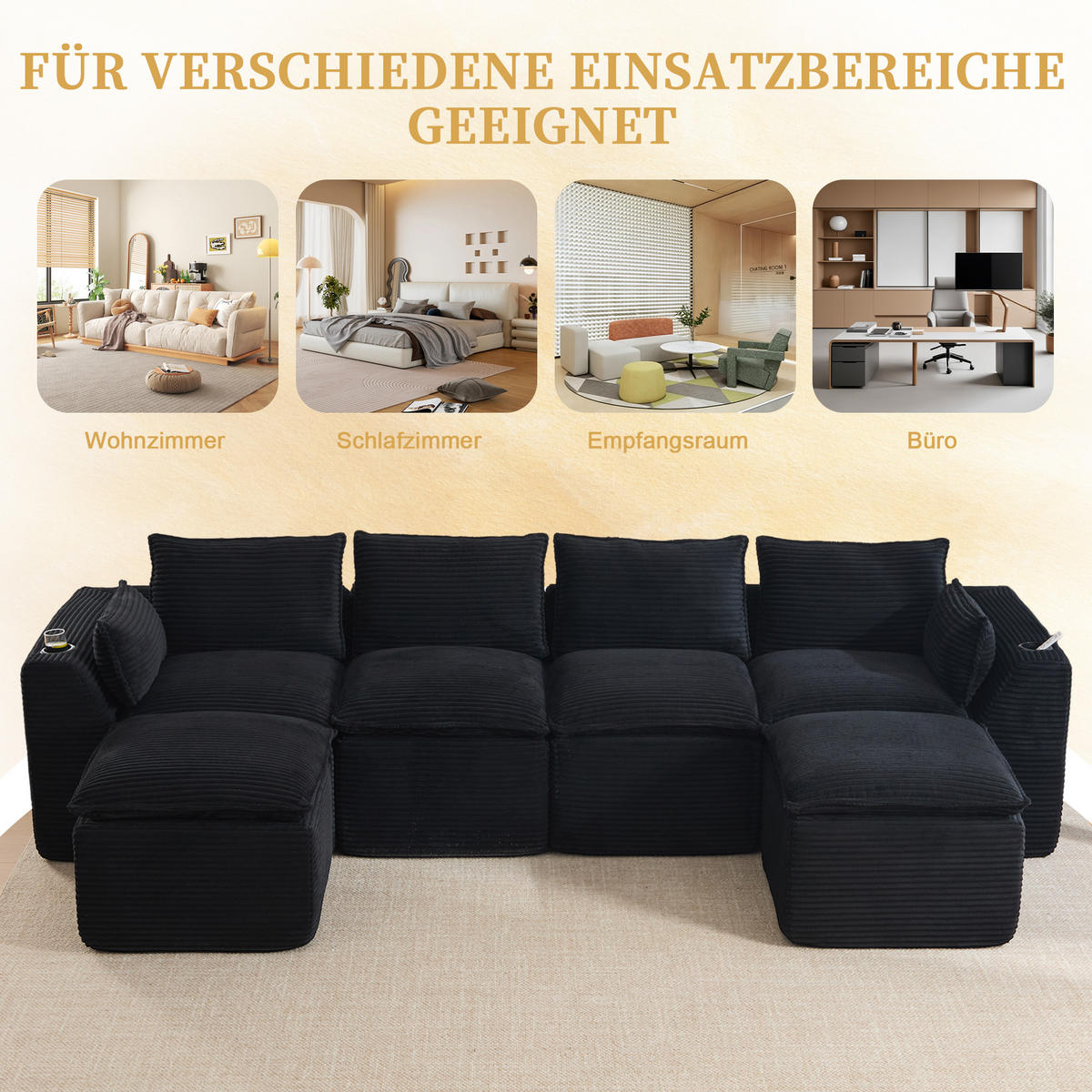 WOHNLANDSCHAFT mit 2 Fußhockern, Getränkehalter und Seitentaschen aus Cord - Schwarz, Textil (322/75/161cm) - EVRYAE