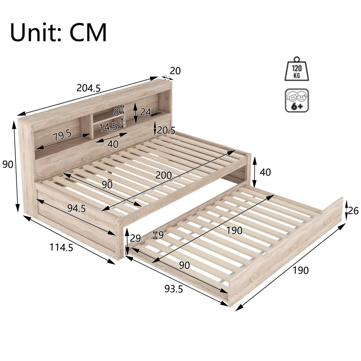 TAGESBETT aus Spanplatte und MDF 90x200 cm Natur mit LED-Beleuchtung, USB-Anschluss, Steckdose, Ausziehbett und Stauraum - Naturfarben, Holzwerkstoff (90/200cm) - Modfu