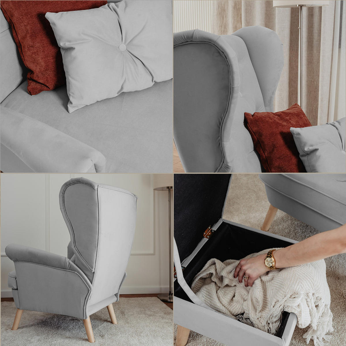 SESSEL mit Fußhocker Classic - Hellgrau, Holz (92/107/80cm) - Idohome