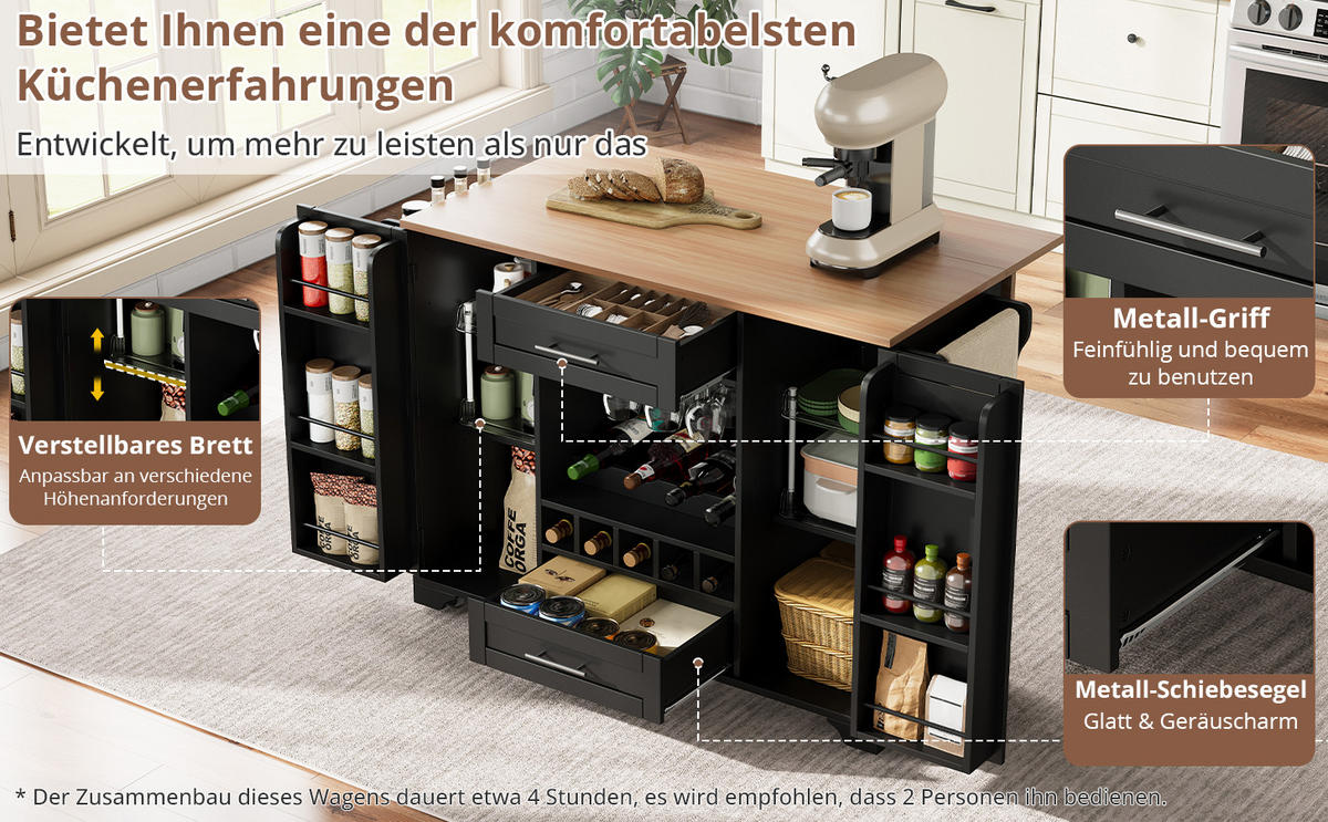 KÜCHENINSEL Schwarz-Natur 138/70/92 cm - Schwarz, Holzwerkstoff (138/92/70cm) - PANGIVO