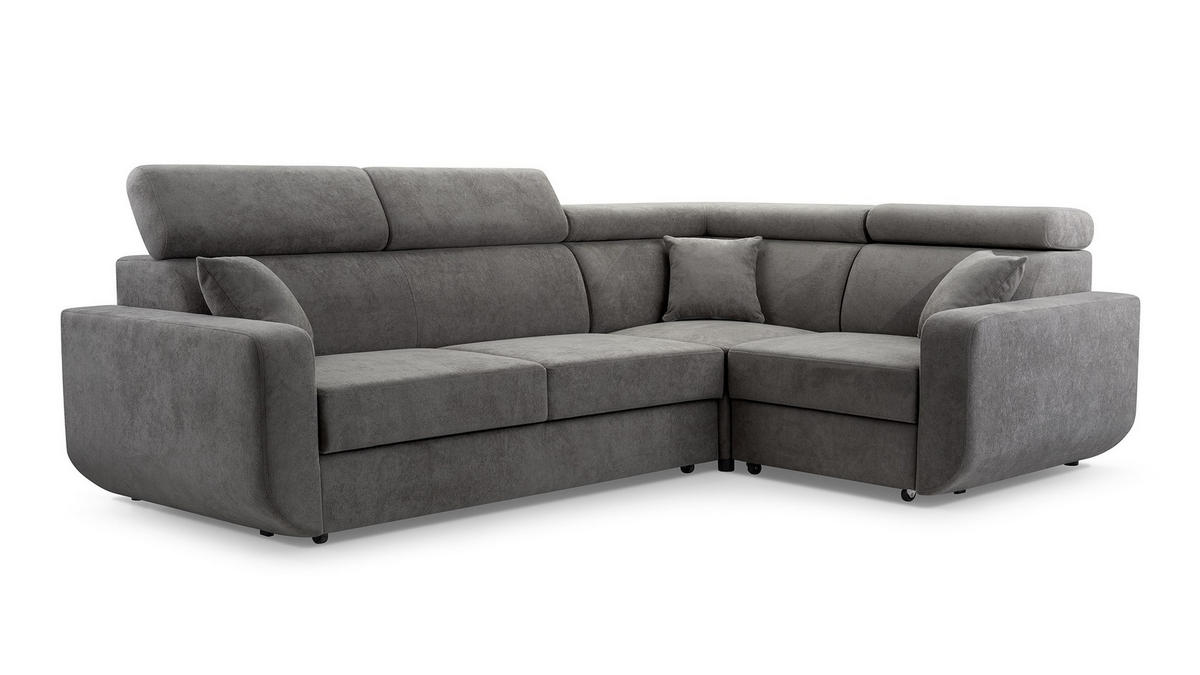 ECKSOFA RENO Grau Plüsch-Stoff mit Schlaffunktion - Grau, Holz (263/184cm) - MASSENO