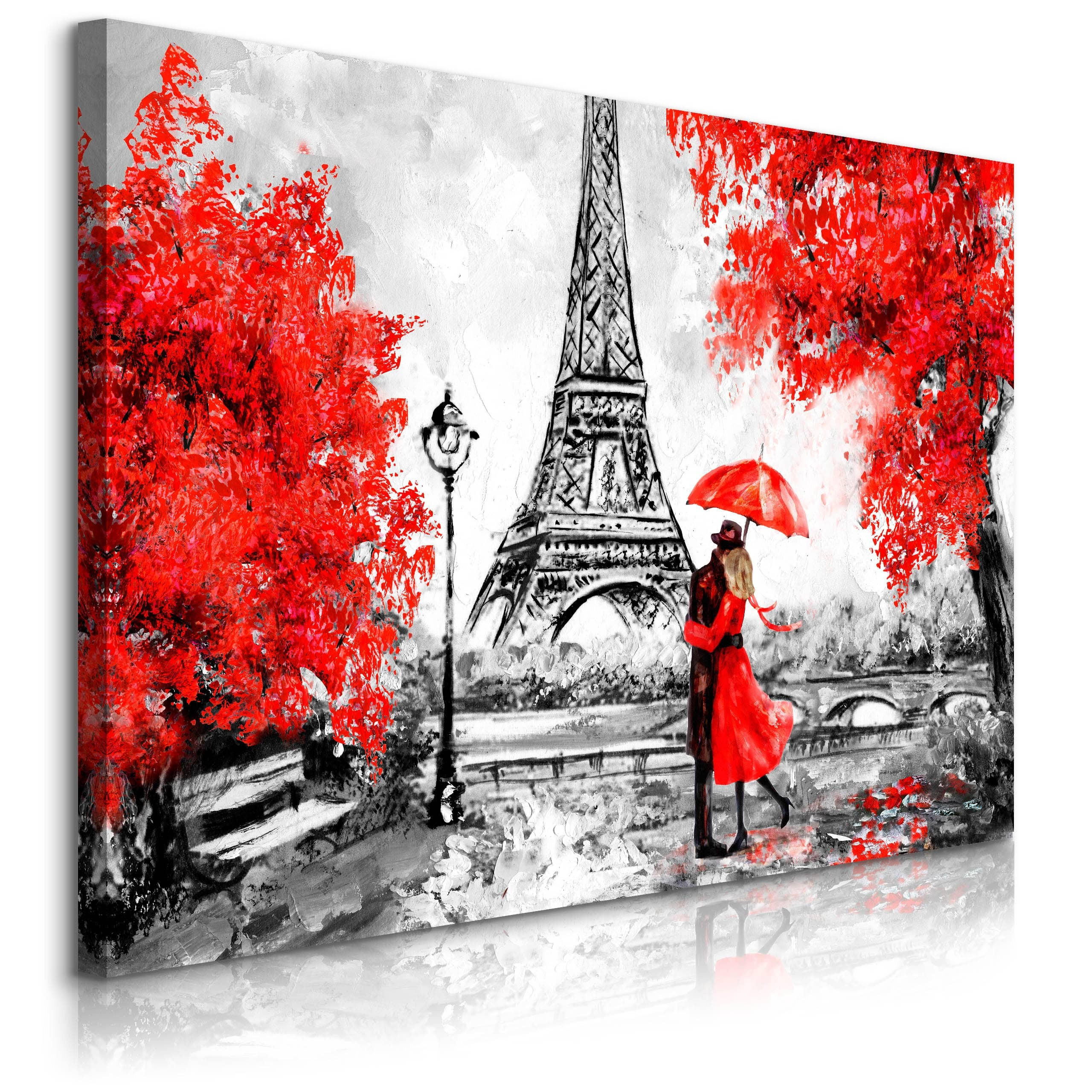 LEINWANDBILD Romantisches Paris Eiffelturm Bäume Malarei 100x70 - Rot/Schwarz, Textil (100/70cm) - Muralo