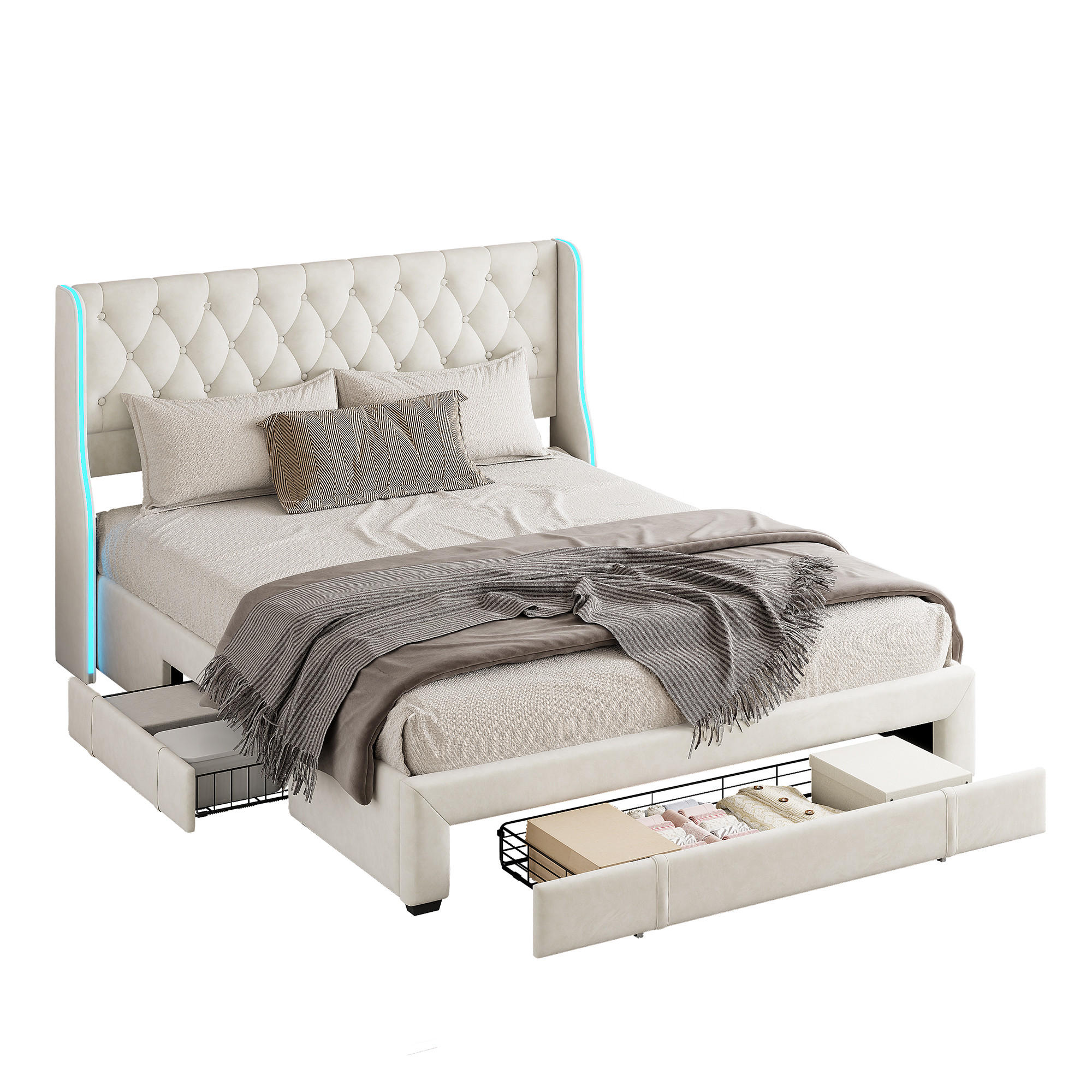 POLSTERBETT 160x200 cm LED Kopfteil 3 Schubladen Lattenrost Samt beige - Beige, Holz (160/200cm) - LEBENLANG