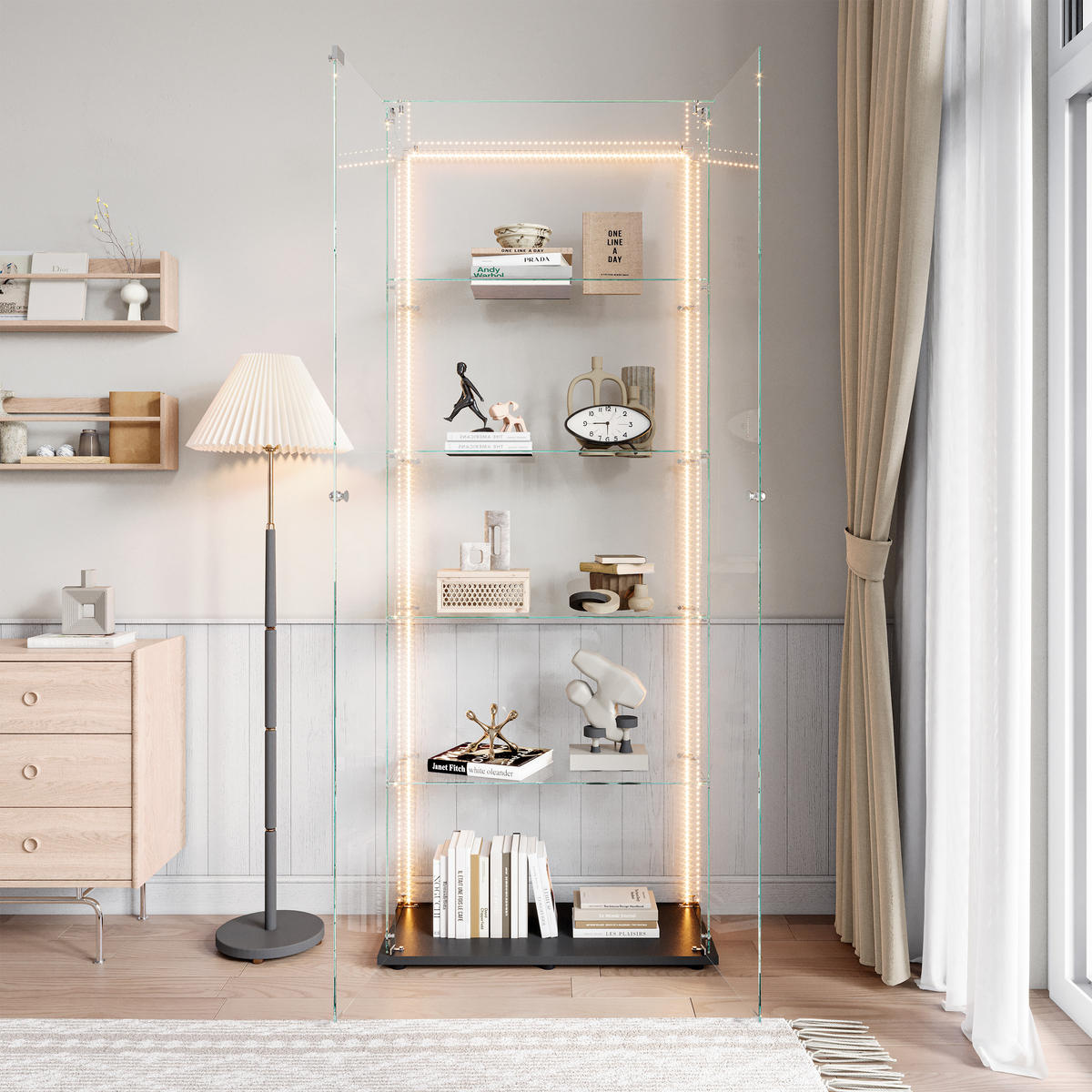 VITRINE 80x36x187 cm, LED, 5 Böden, 2 Türen, Schwarz - Schwarz, Holz (80/183/36cm)