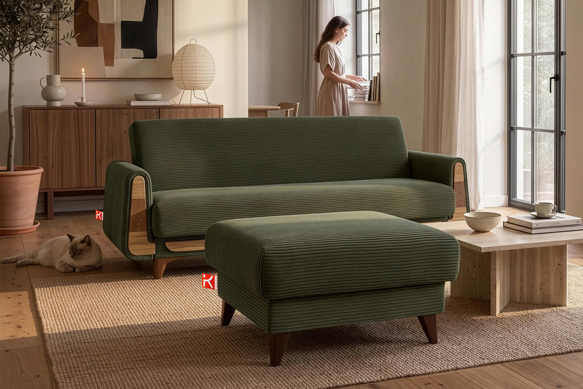 HOCKER GUSTAVO II, Olivgrün - Braun/Olivgrün, Holz/Holzwerkstoff (92/49/92cm) - KONSIMO®