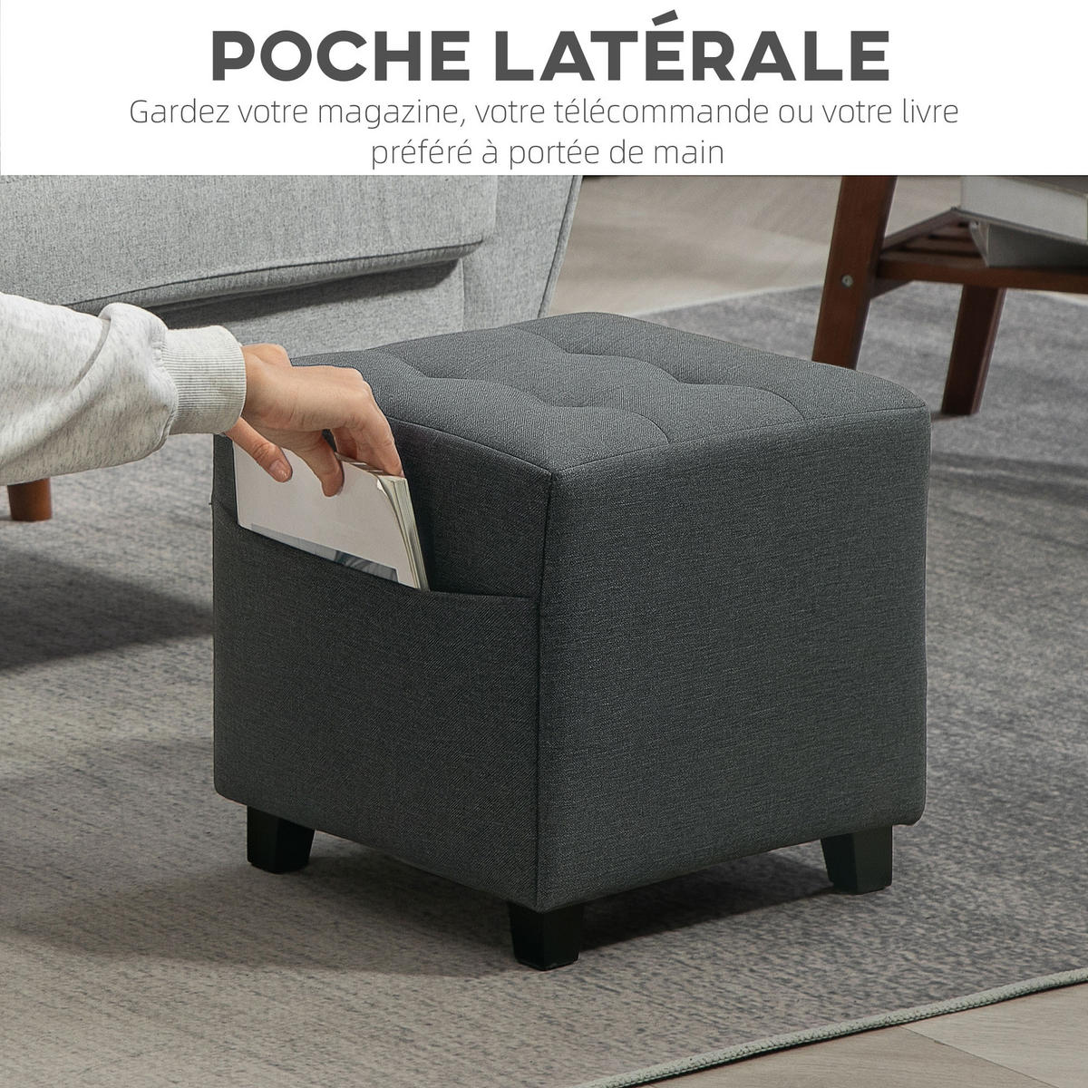 HOCKER DE-16456 mit Seitentasche und Knopfheftung Grau - Grau, Holzwerkstoff (35/35/35cm) - ComfortXL