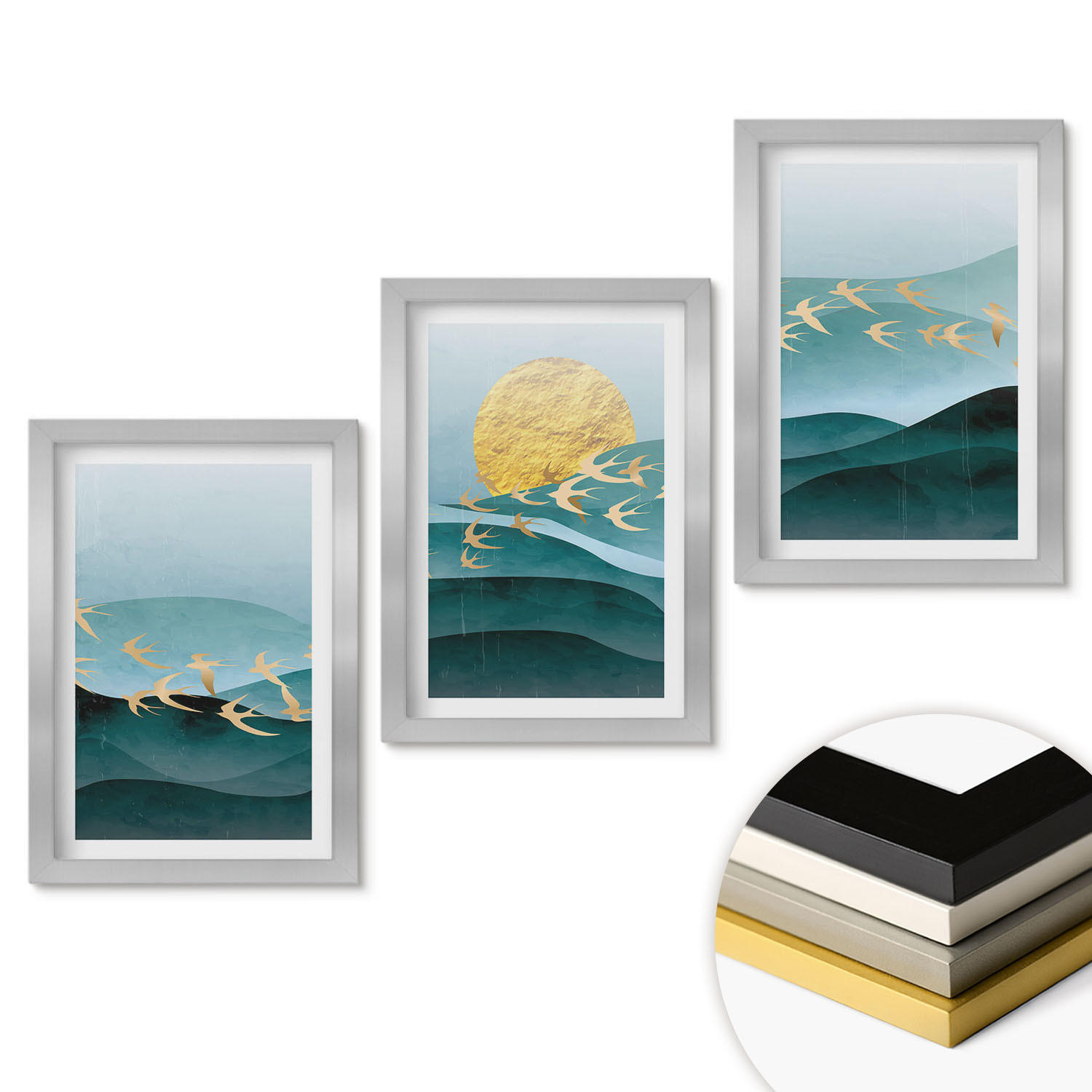 WANDBILDER 3er Set - 20x30 cm Silberner Rahmen - Abstrakte Sonnenuntergangslandschaften - Silberfarben, Kunststoff (20/30cm) - ArtPrintCave