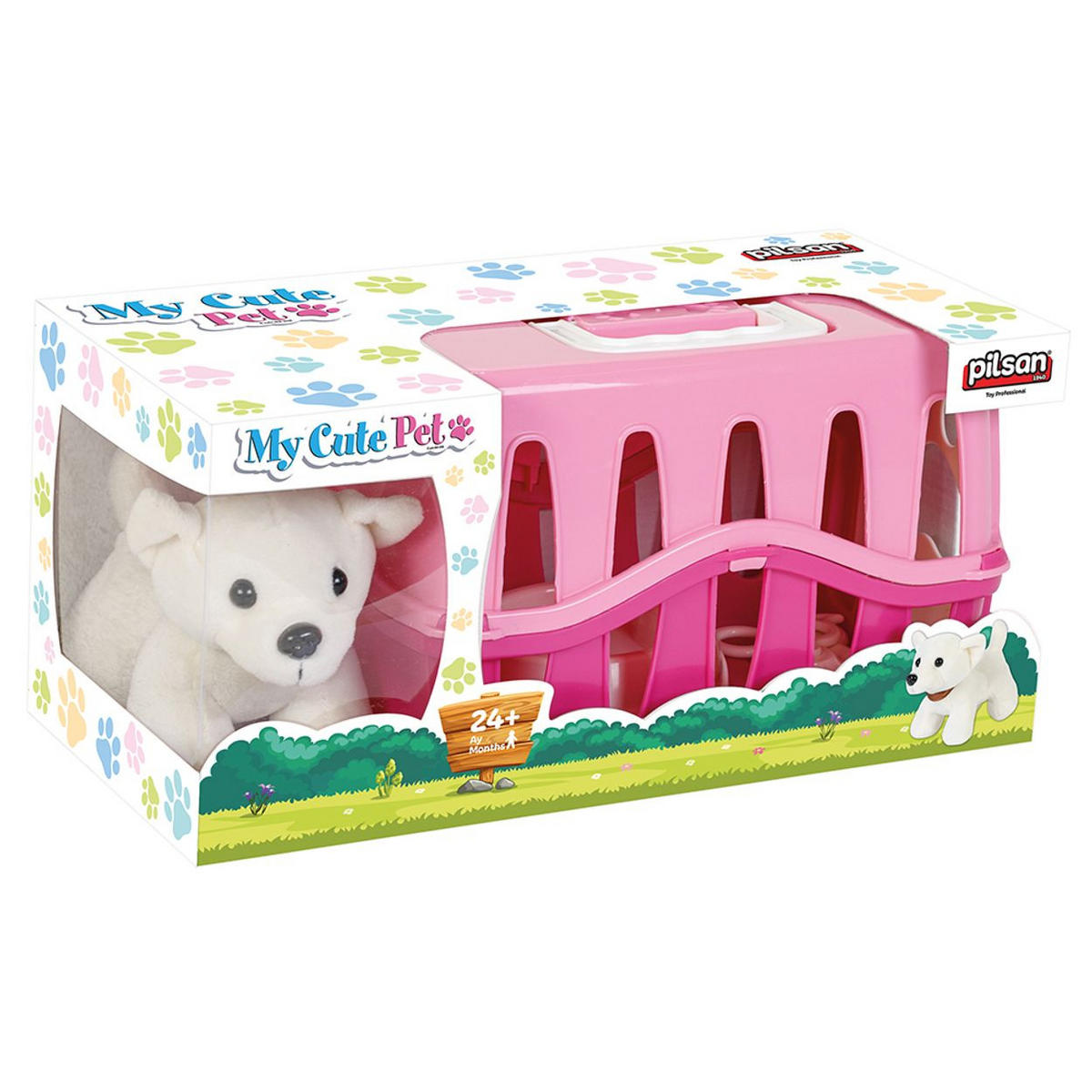 SPIELZEUG Haustier-Spielset 03358 pink 6-teilig, Plüschhund, Tragekäfig, Futternapf, Kamm, Schere, Knochen - Rosa, Textil (15/15/23cm) - Pilsan