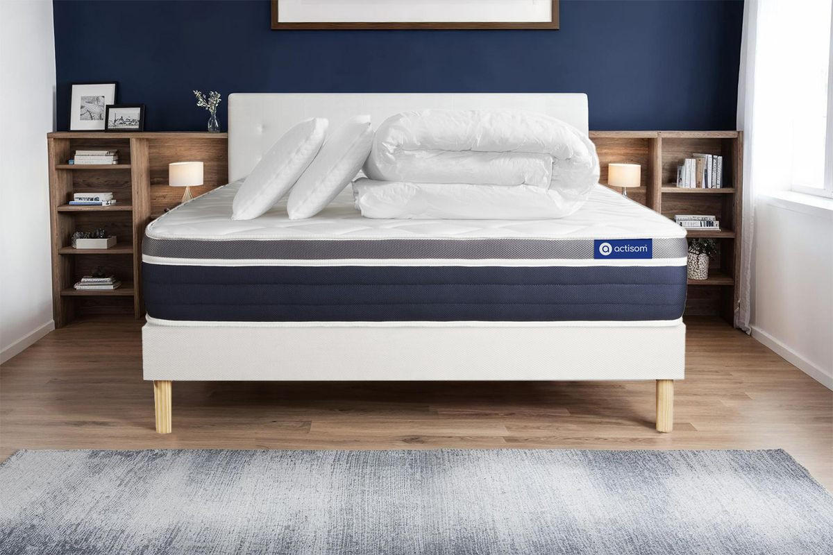BETT Actilatex confort Latex und Memory-Schaum 200 x 200 cm h2 - Kit Bettgestell Weiß - Mit Kissen und Bettdecke - Beige/Weiß, Karton/Holz (200/200cm) - ACTISOM