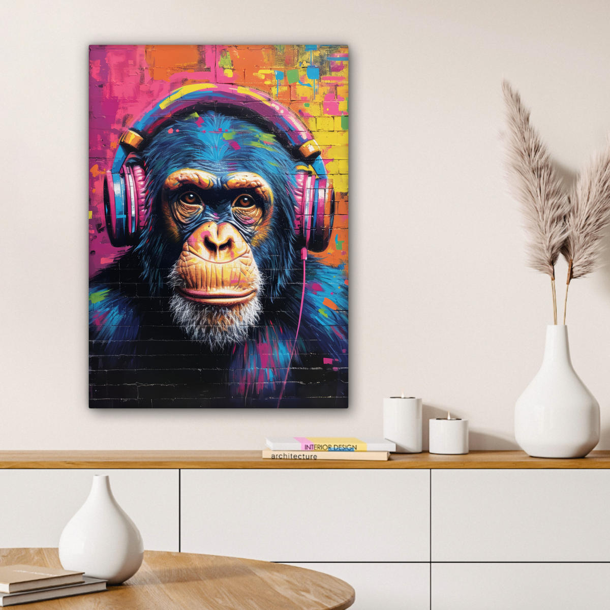 LEINWANDBILD Graffiti - Schimpanse - Straßenkunst - Kopfhörer - Affe 60x80 cm - Blau, Textil (60/80cm) - MuchoWow