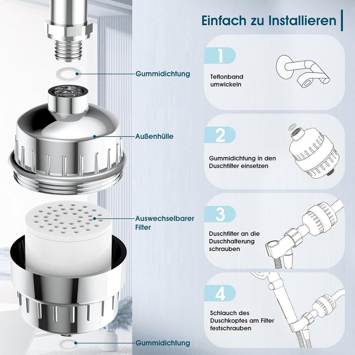 DUSCHFILTER 36-Schicht-System mit 2 Ersatzfilter Chromglänzend Silber - Multicolor, Metall (1/1/1cm)