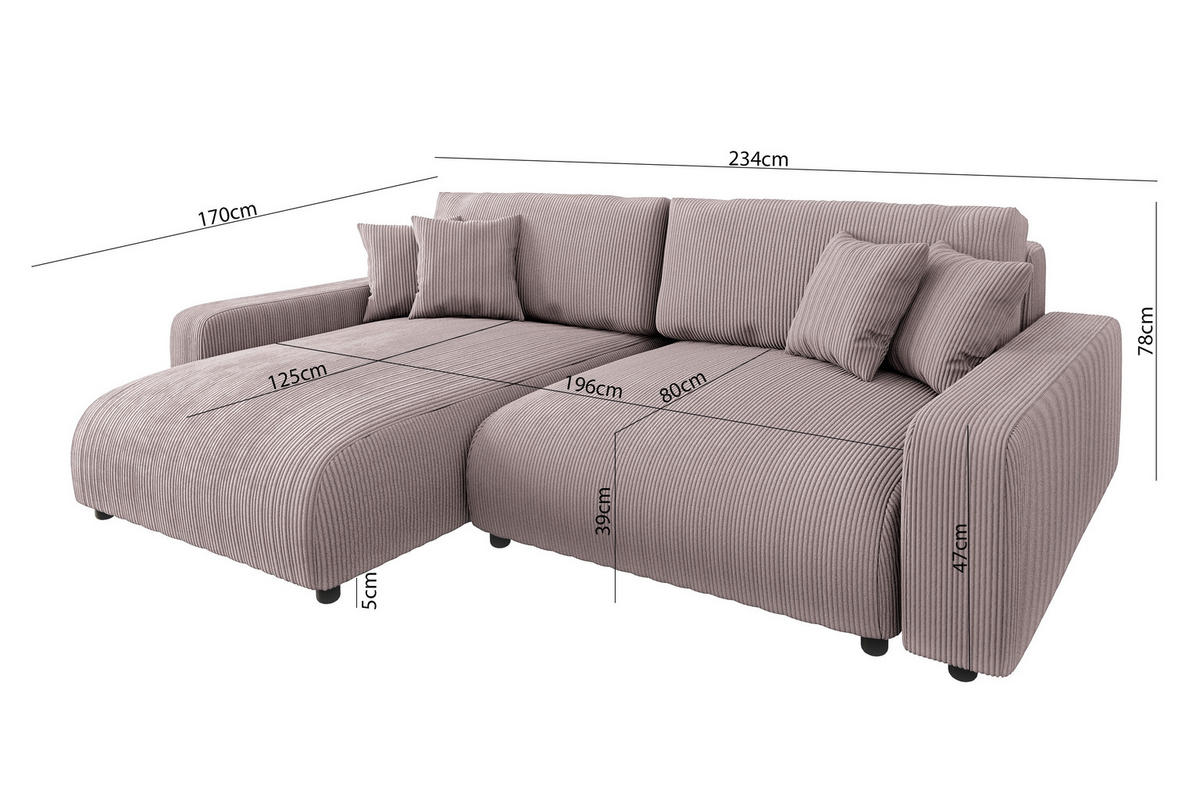 ECKSOFA Emma Puderrosa Cord - Ottomane links - Pink, Textil (234/170cm) - S-Style Möbel