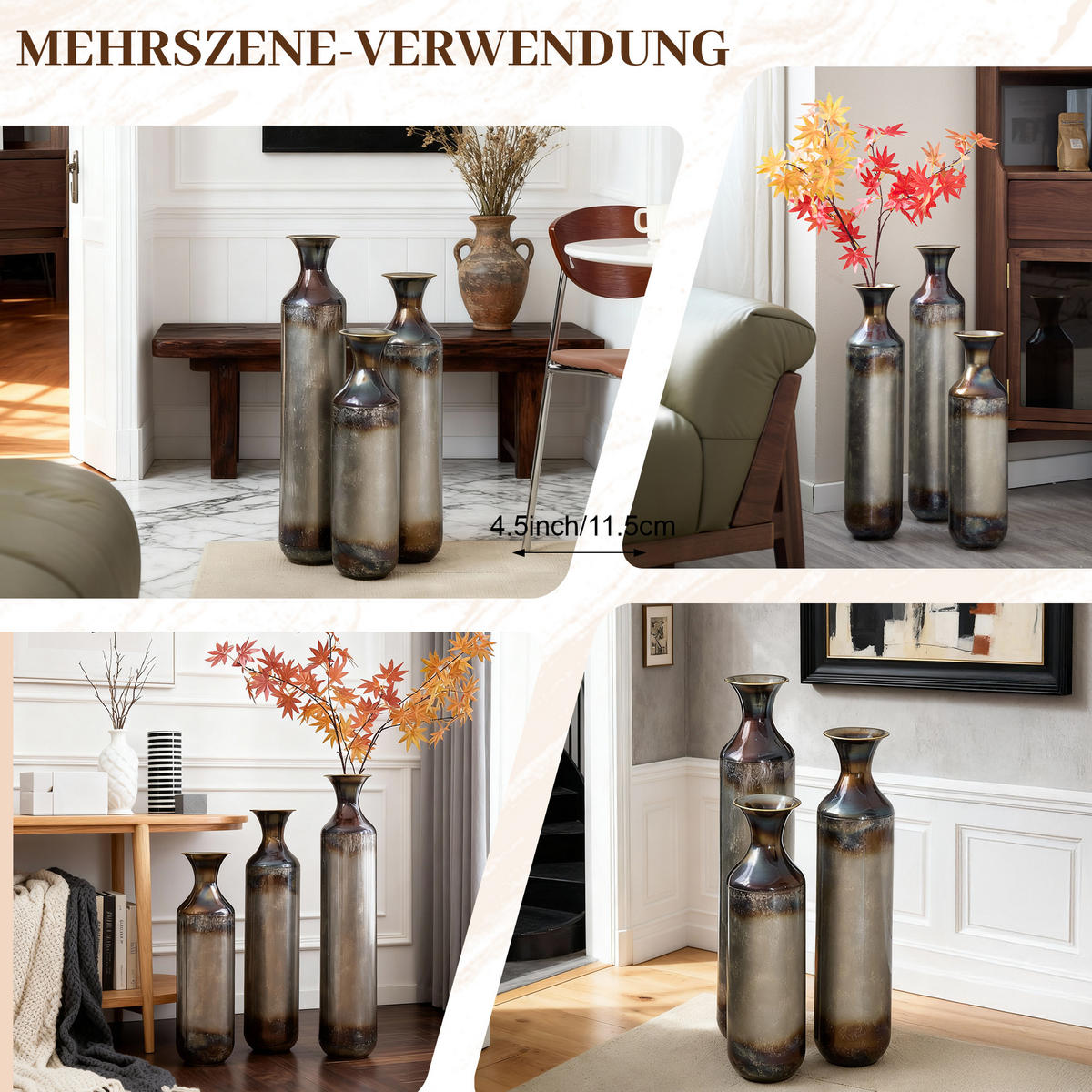 BODENVASE 3-tlg 51-72cm Metallvase handgefertigt Bodenvase Vintage-Optik Trockenblumen - Grau, Metall (78.02cm) - Raelunyi