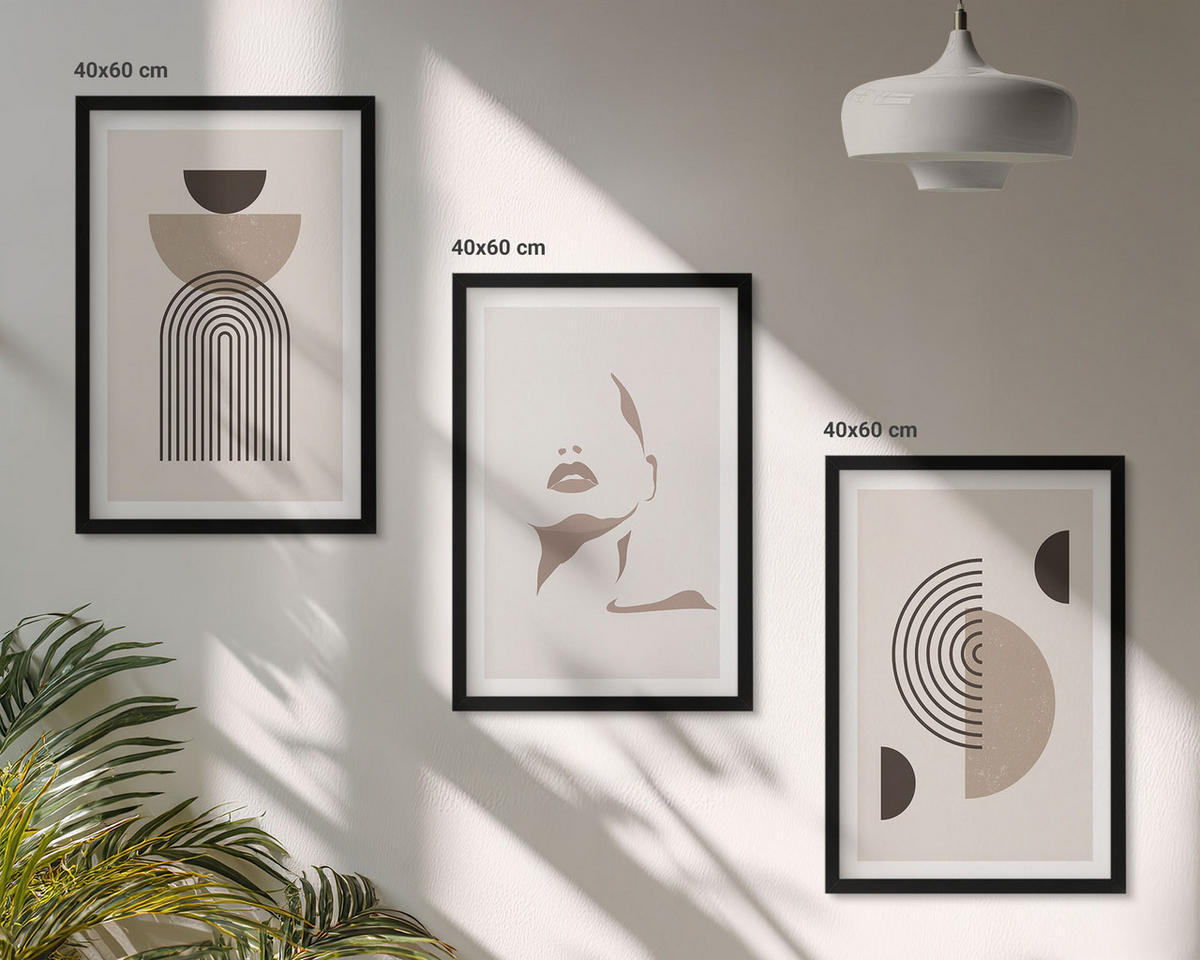 BILDER SET 3er Set - 40x60 cm Schwarzer Rahmen - Abstrakte Formen und Gesicht - Schwarz, Kunststoff (40/60cm) - TULUP